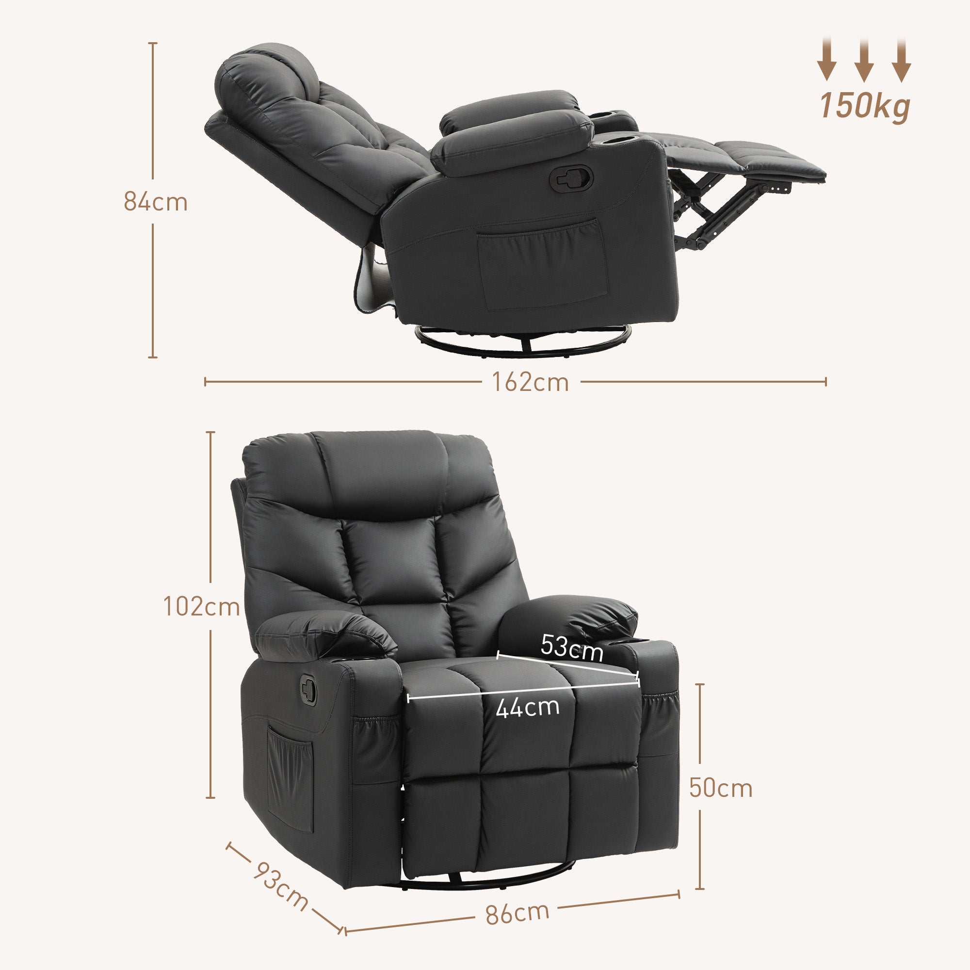 Manual Reclining Swivel Armchair with Footrest, Cup Holders, 86x93x102cm - Black