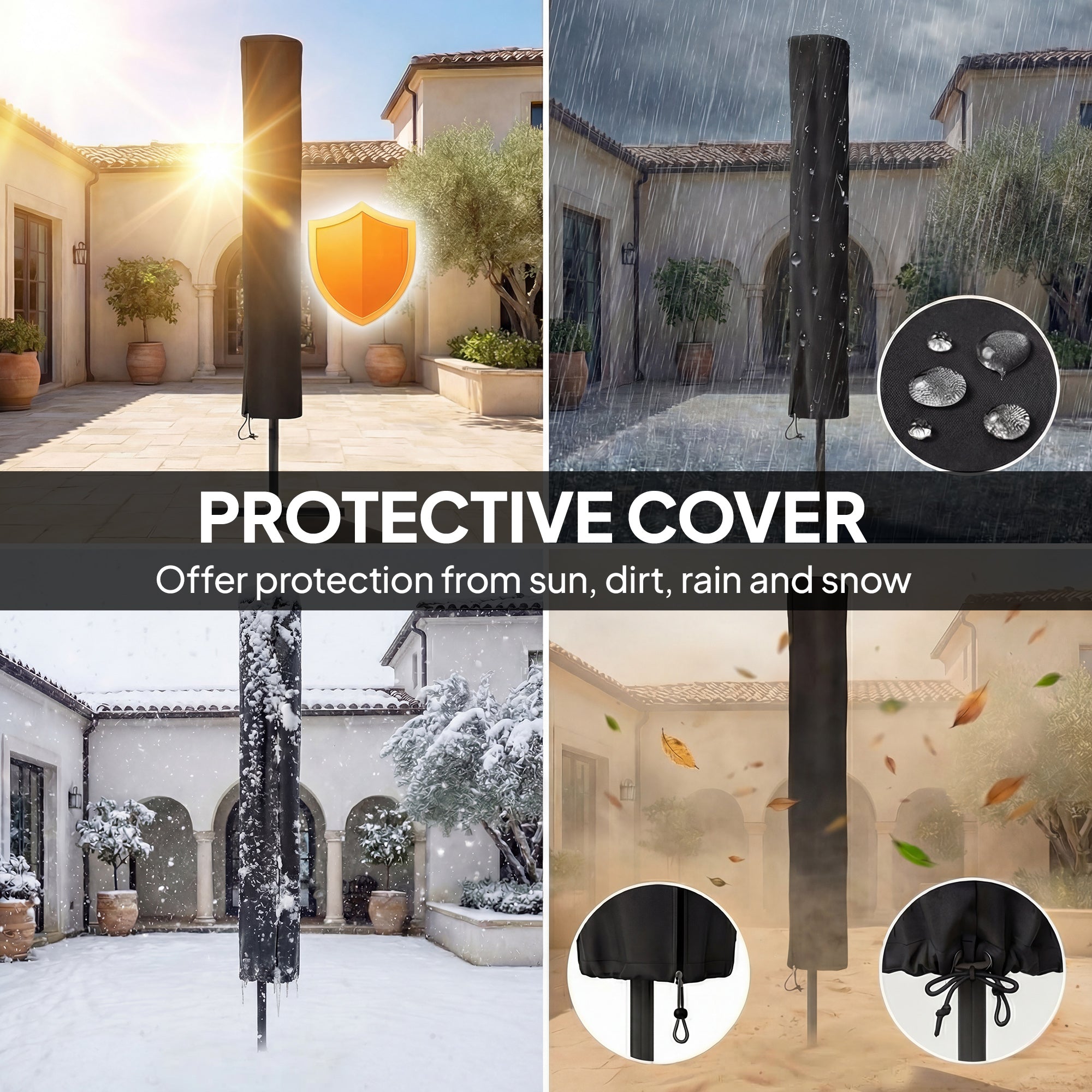 2.6 m Garden Parasol Umbrella with LED Solar Light, Parasol Cover, Outdoor Market Patio Umbrella, Light Grey