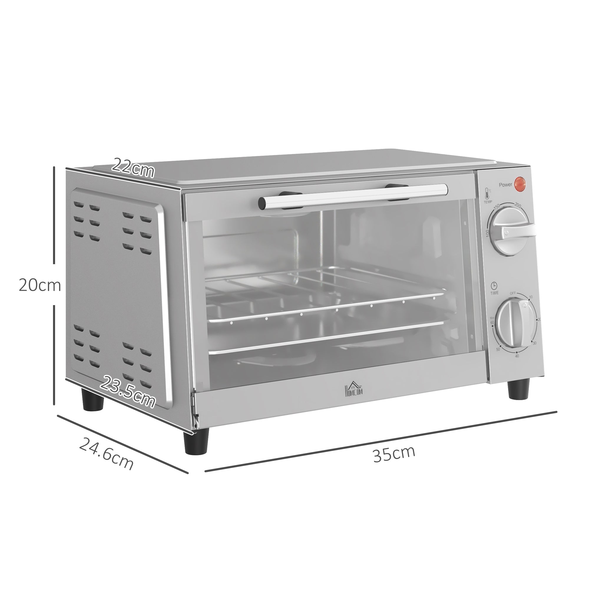 Mini Oven, 9L Countertop Electric Grill, Toaster Oven with Adjustable Temperature, Timer, Dishwasher Safe Baking Tray and Wire Rack, 750W, Silver