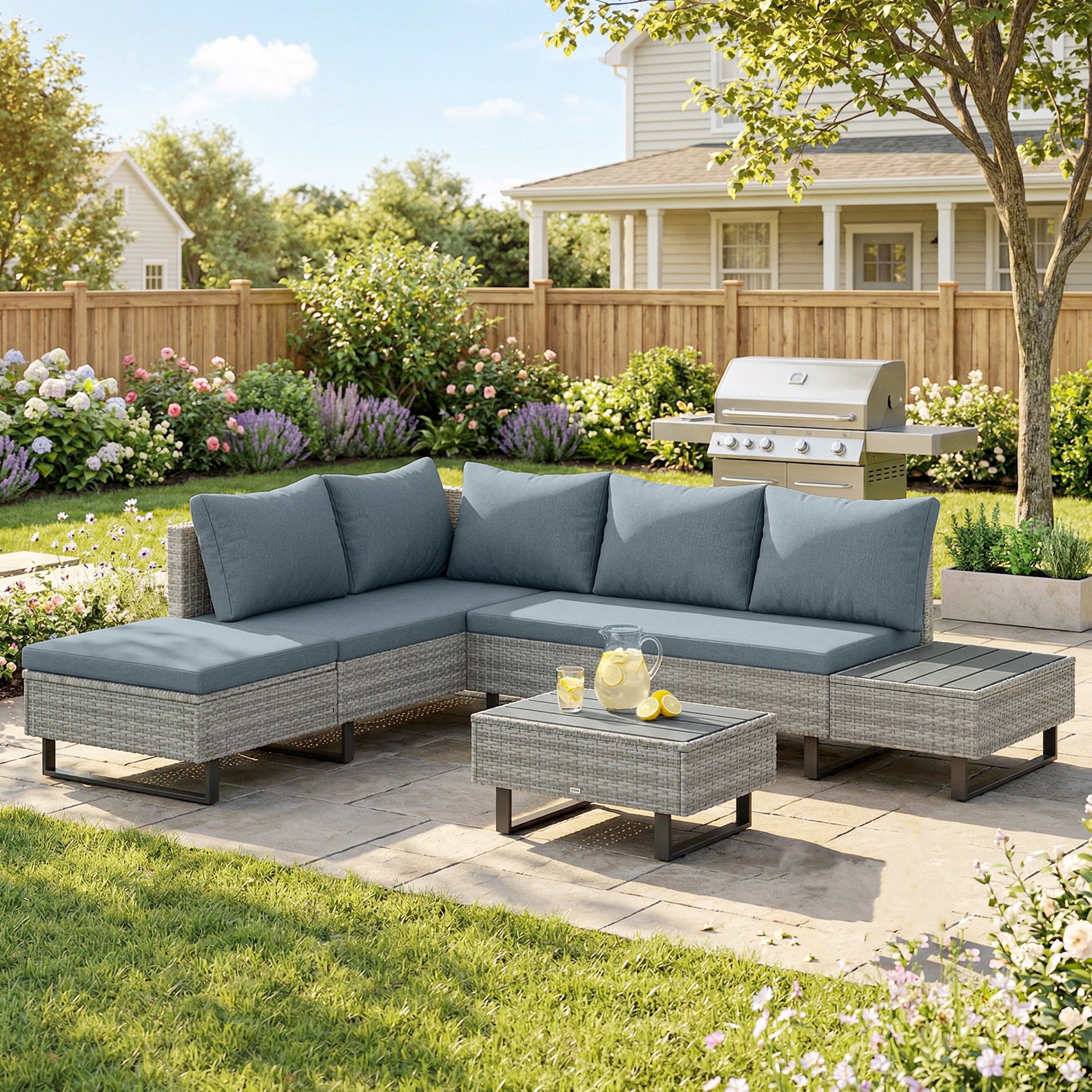 5 Seater Rattan Garden Furniture Set, L Shaped Garden Corner Sofa, Adjustable Back, Faux Wood Tables, Grey