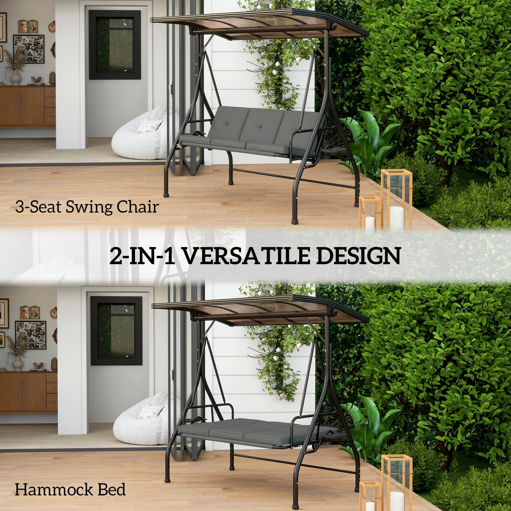 Convertible Three-Seater Swing Bench with Adjustable Canopy and Cup Trays - Dark Grey