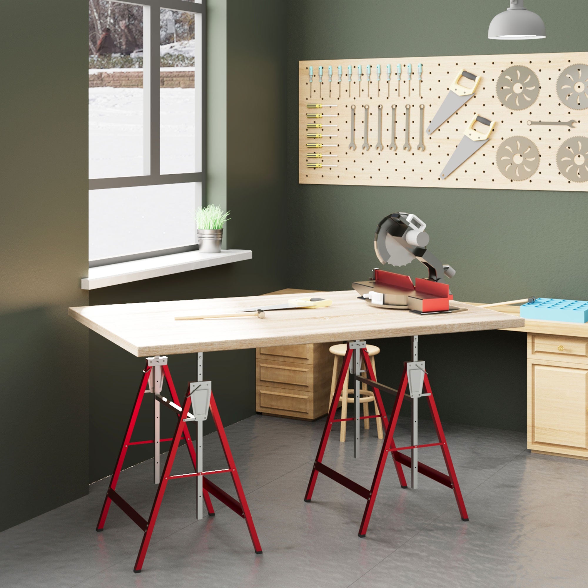 Set of 2 Adjustable Telescopic Builders Trestle, DIY Steel Work Bench Carpenter, Folding Saw Horse Tools Red