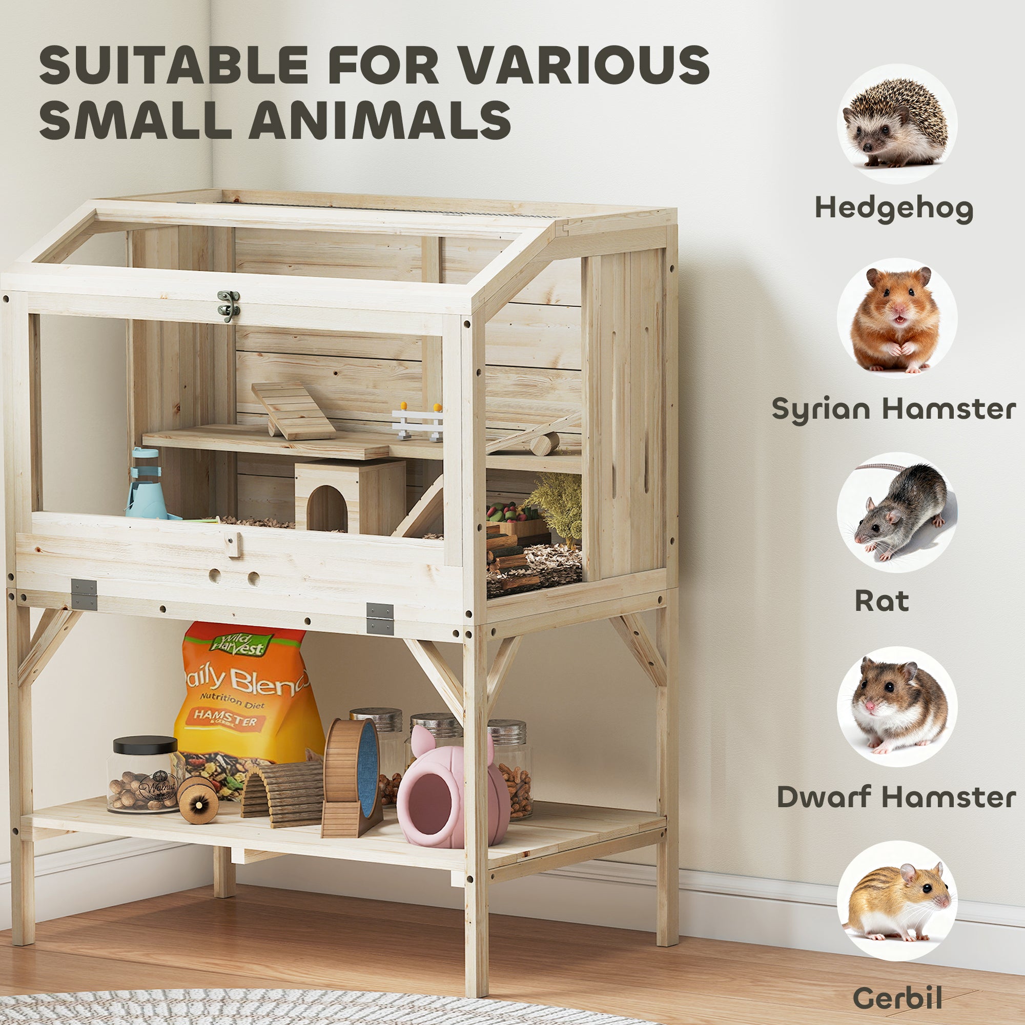 2 Tier Wooden Hamster Cage with Shelf and Openable Top
