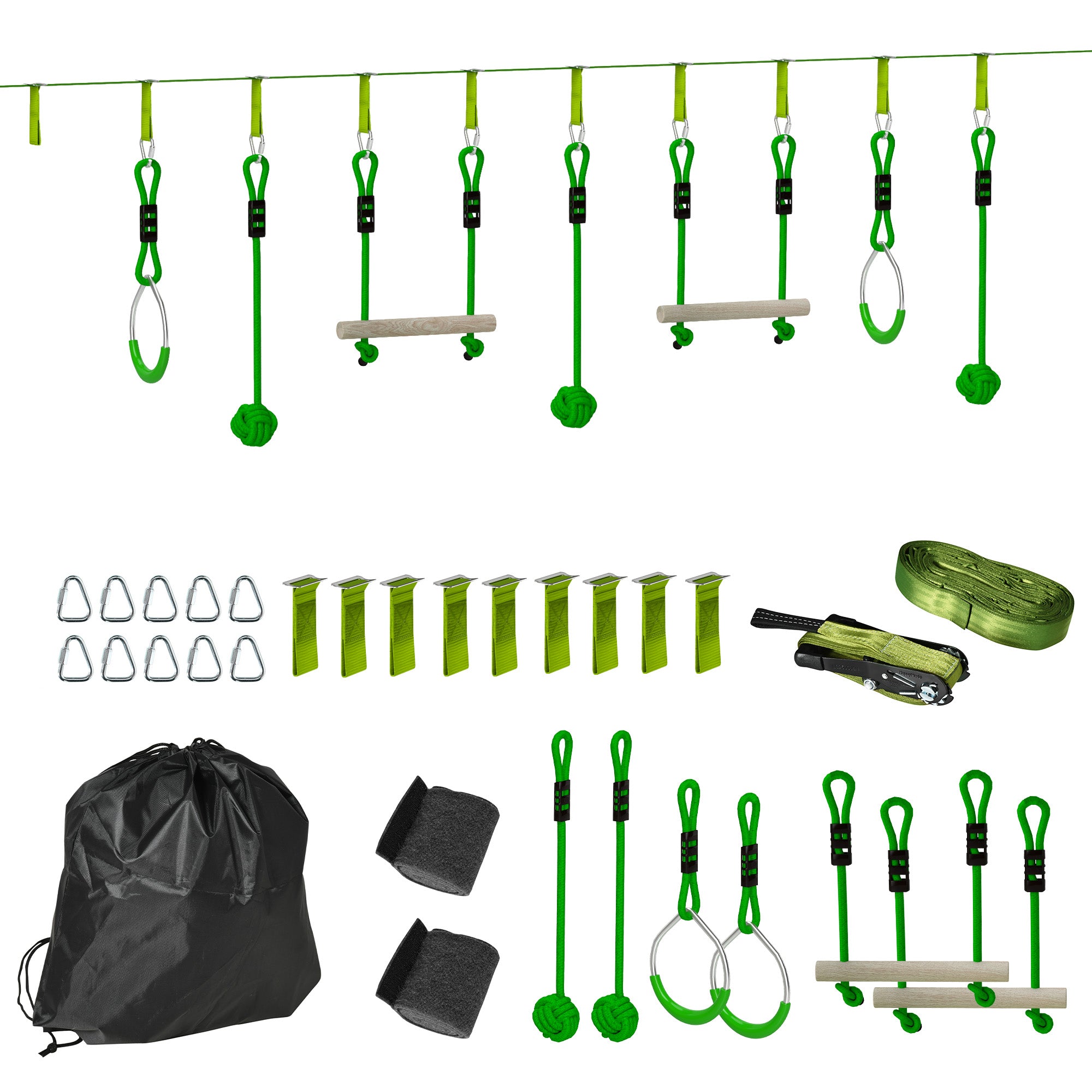 7 Piece Kids Zip Line Kit for Garden, 10m Kids Slackline Kit with Wooden Monkey Bars, Metal Rings, Gripping Balls, Green