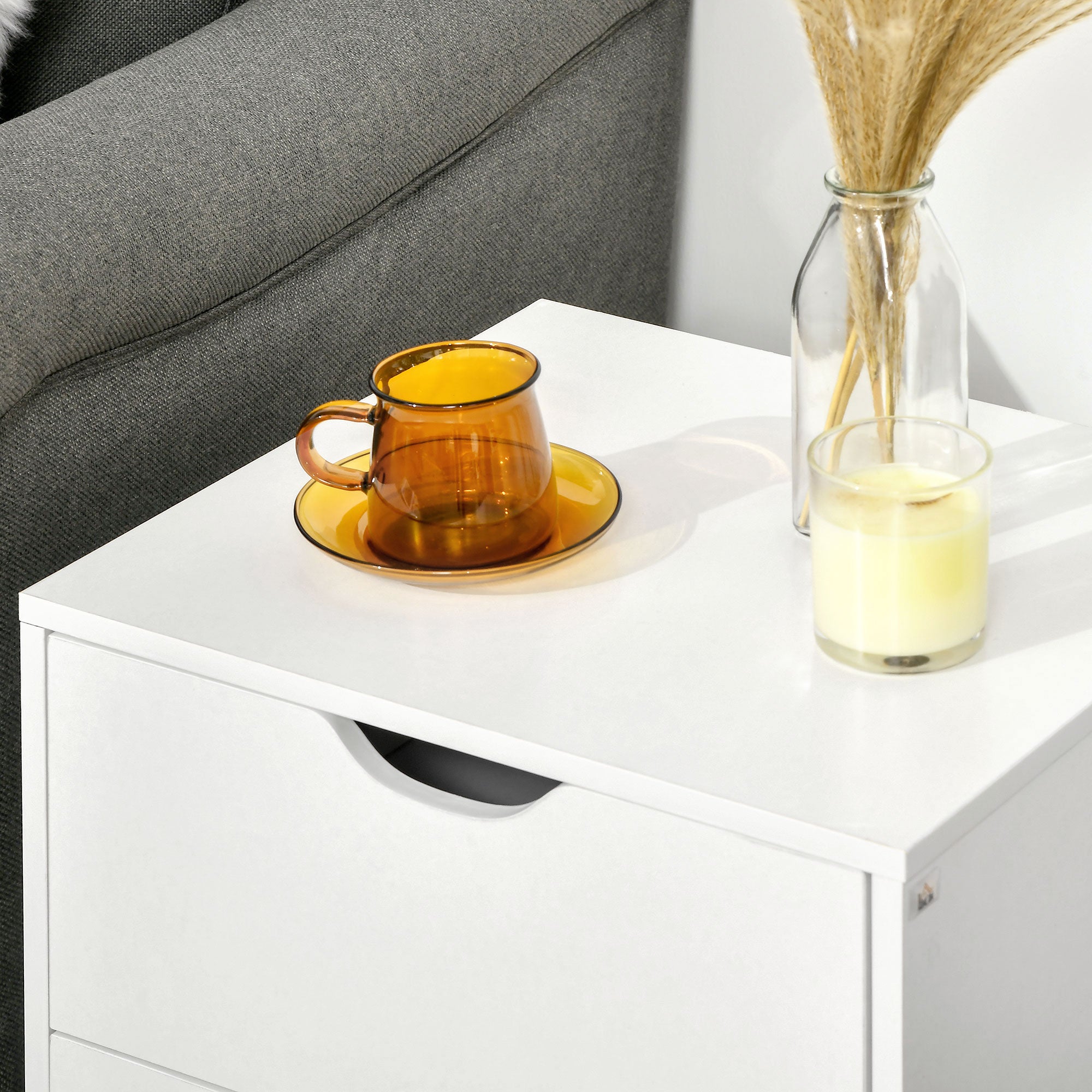 Bedside Table with 2 Drawers and Pine Wood Legs for Bedroom & Living Room - White
