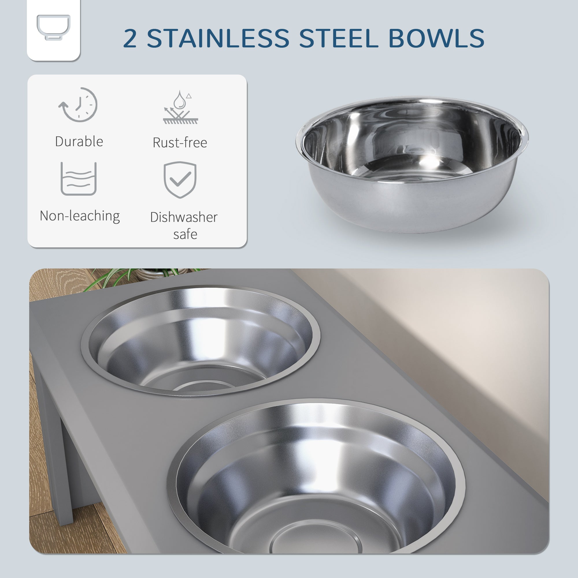 Raised Dog Feeding Bowls with Stand, Stainless Steel for Small and Medium Dog, 58L x 31W x 25H cm - Grey