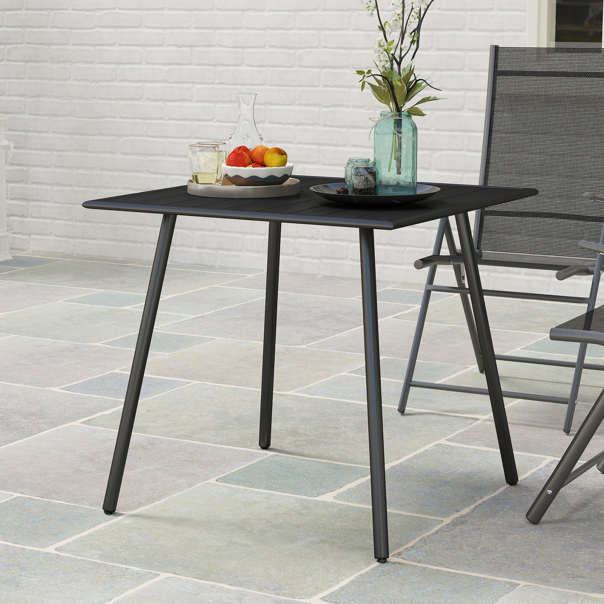 4 Seater Steel Frame Garden Table with Slat Top - Black