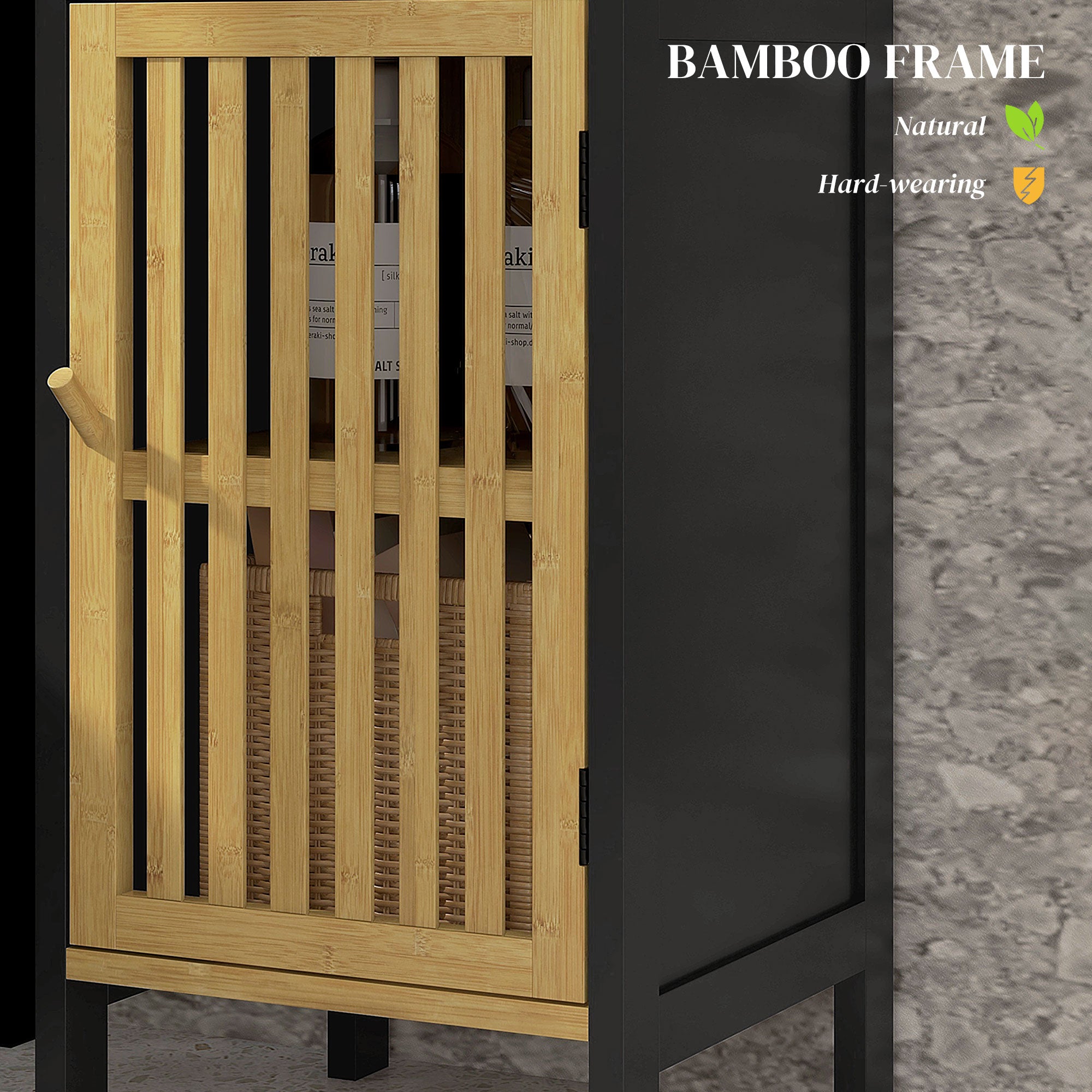 Bamboo-Blend Retro Cut-Out Bathroom Storage Unit, with Cupboard