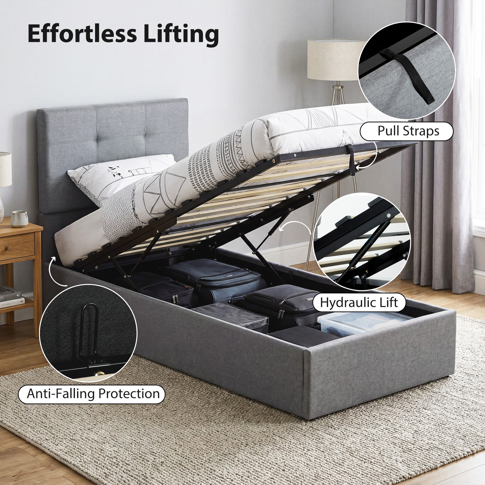 3ft Single Ottoman Bed with Gas Lift Storage - Grey