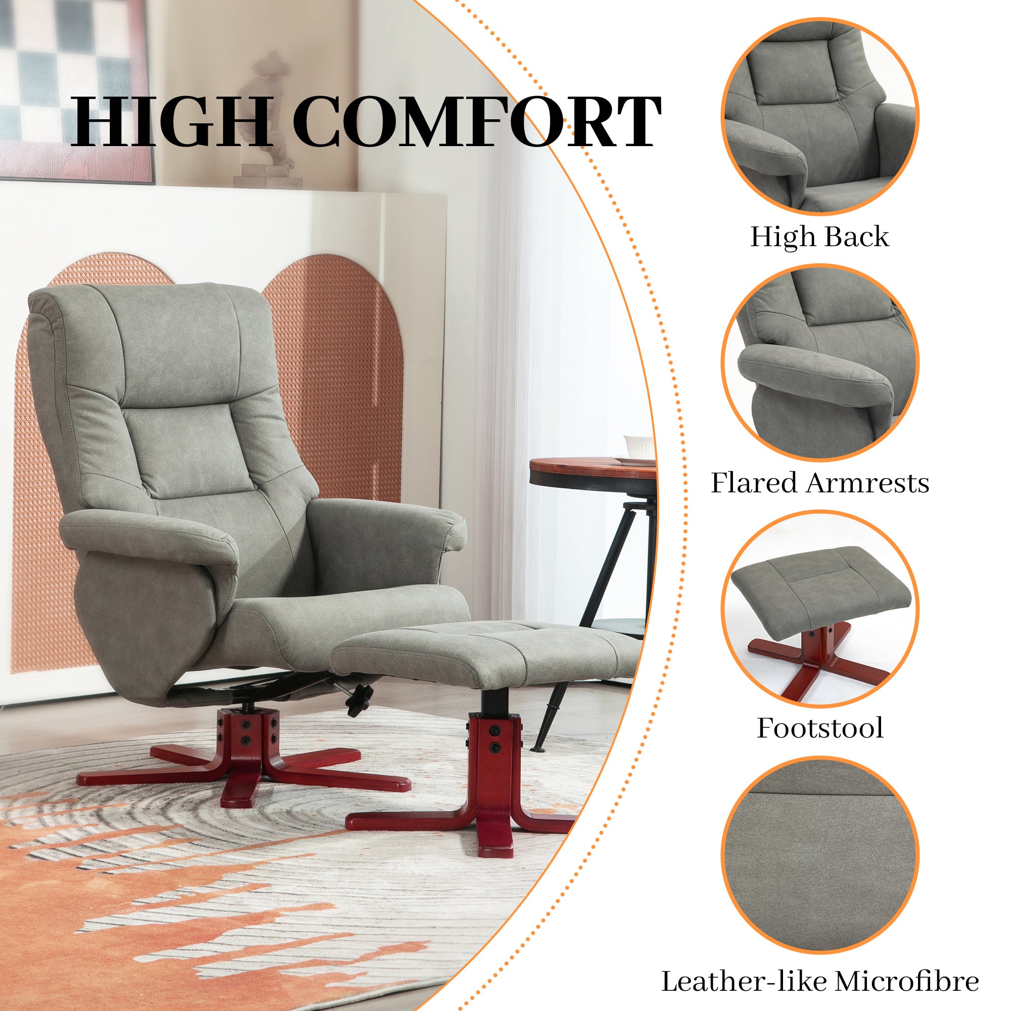 Faux Microfibre Leather Manual Recliner and Footstool Set - Grey