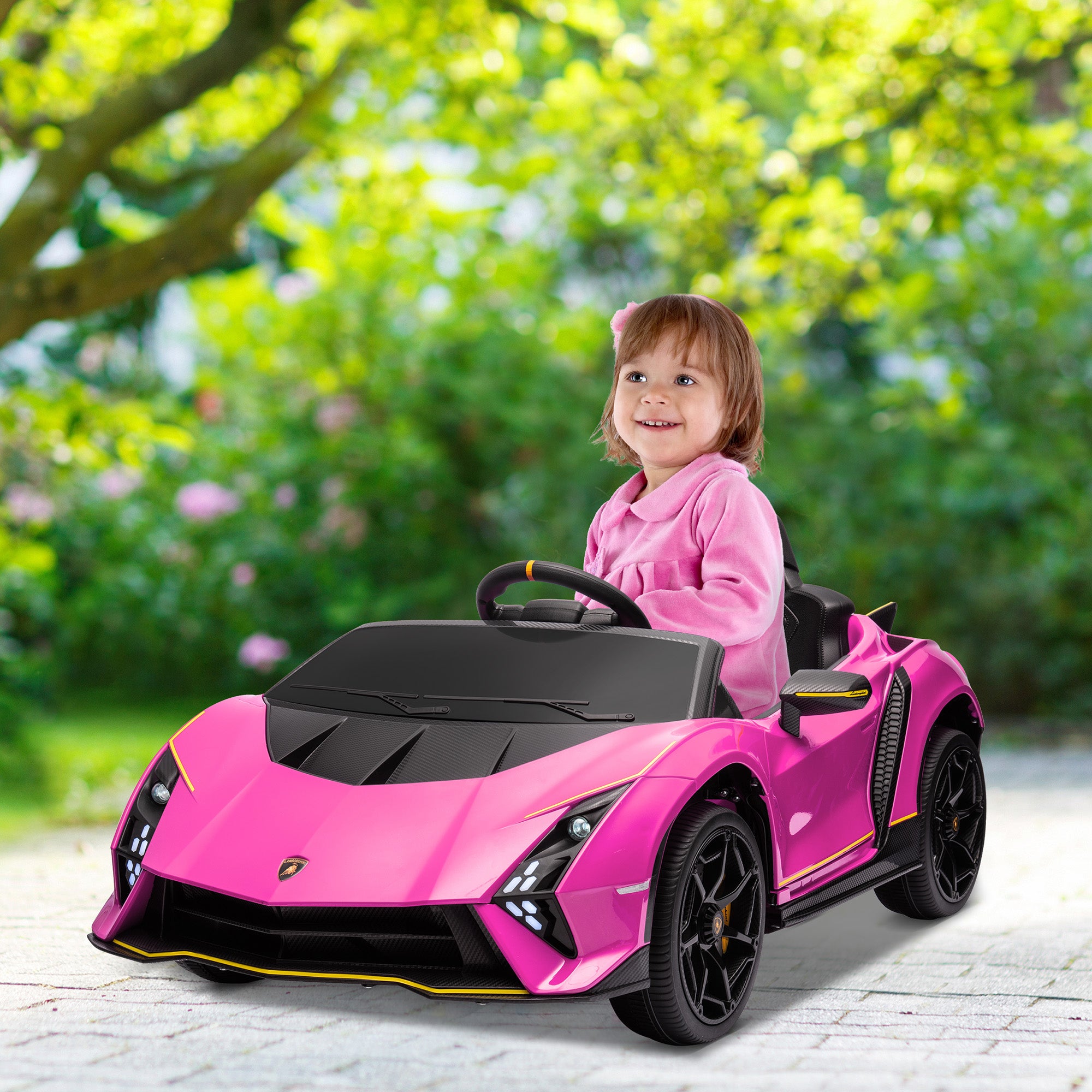 12V Lamborghini Autentica Licensed Kids Electric Car with Remote Control, Four Suspension Wheels, Soft Start, Pink