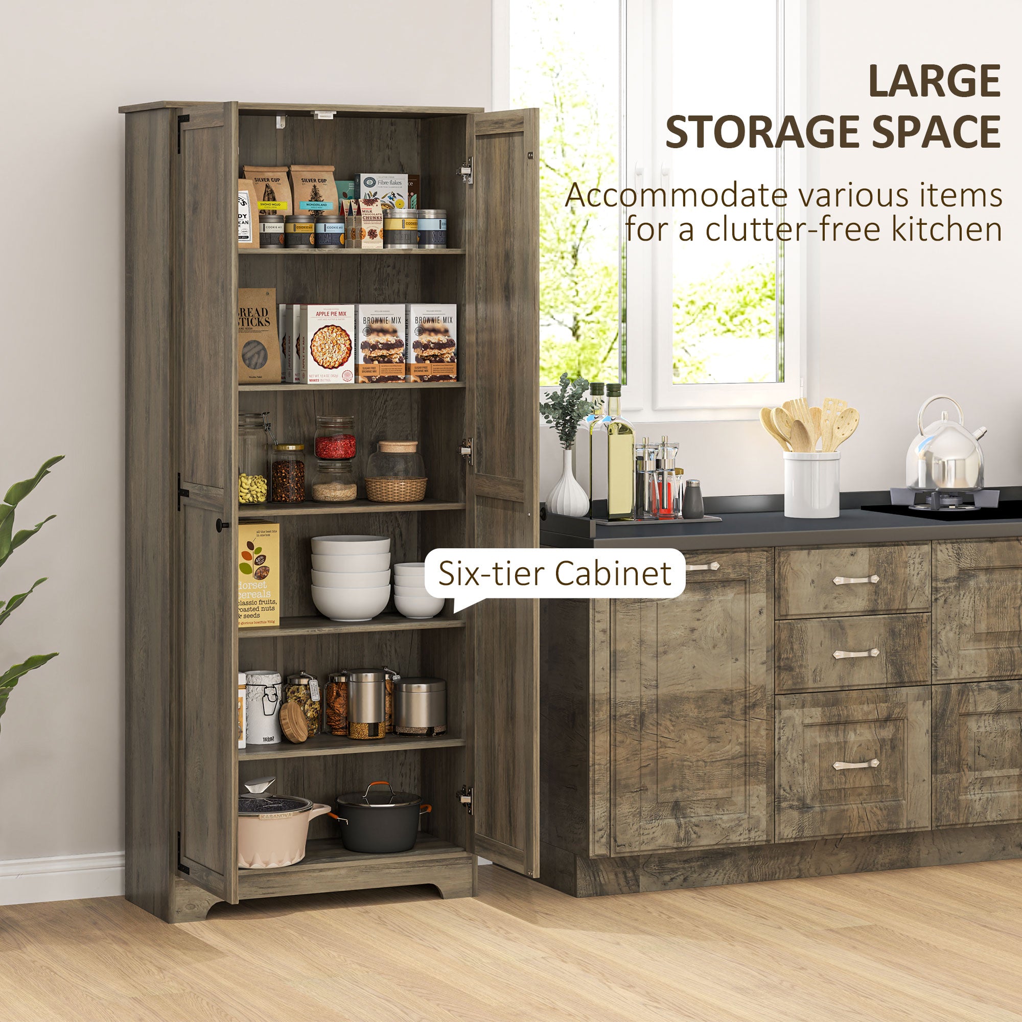 Farmhouse Kitchen Cupboard, Freestanding Kitchen Storage Cabinet with Adjustable Shelves, Tall Storage Cabinet with Recessed Doors, Grey Wood-Effect