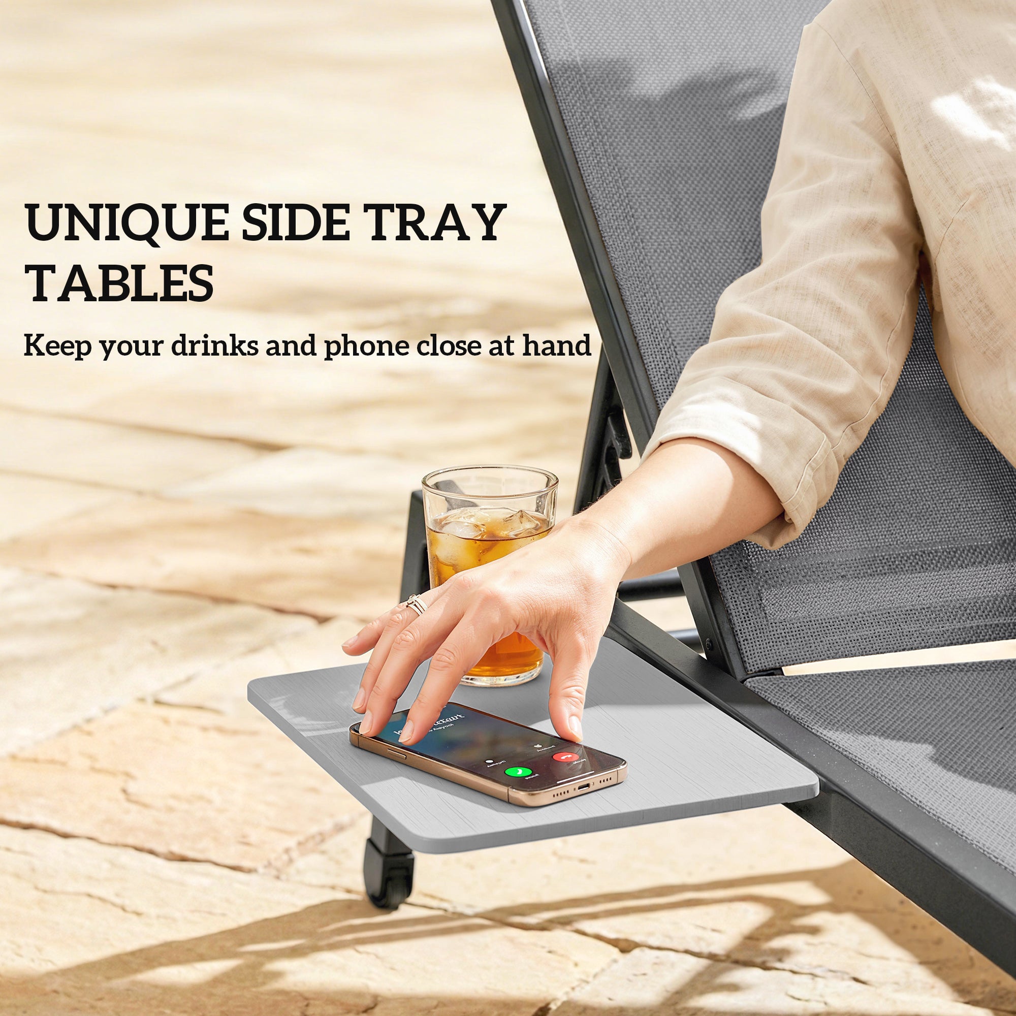Sun Loungers Set of 2 with Side Tray Table, Garden Recliners with 5-Position Adjustable Backrest, 2 Wheels, Grey