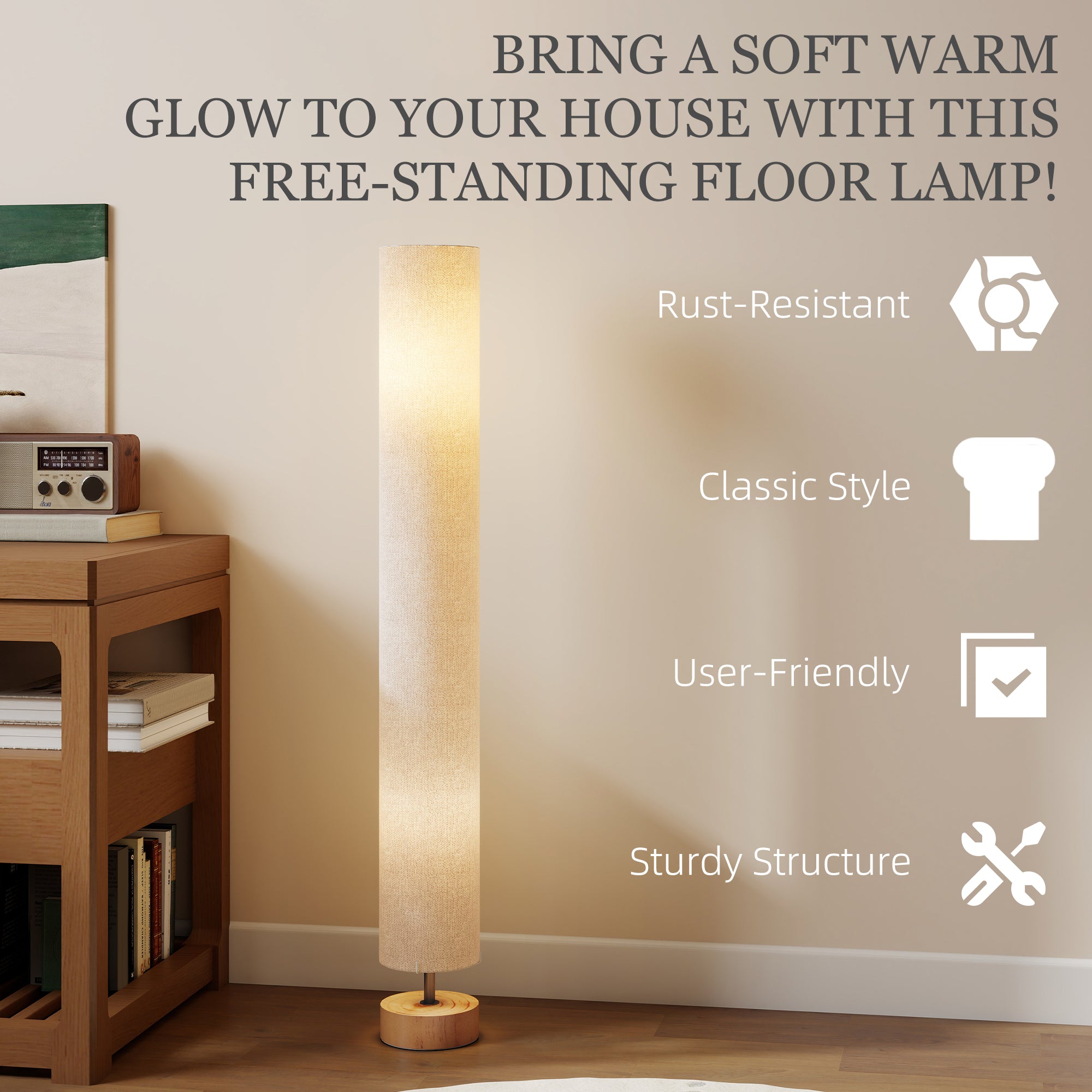LED Floor Lamp for Living Room, 120cm Modern Standing Lamp with 3000K/4500K/6500K Colour Temperatures, Linen Shade and Wooden Base, Grey