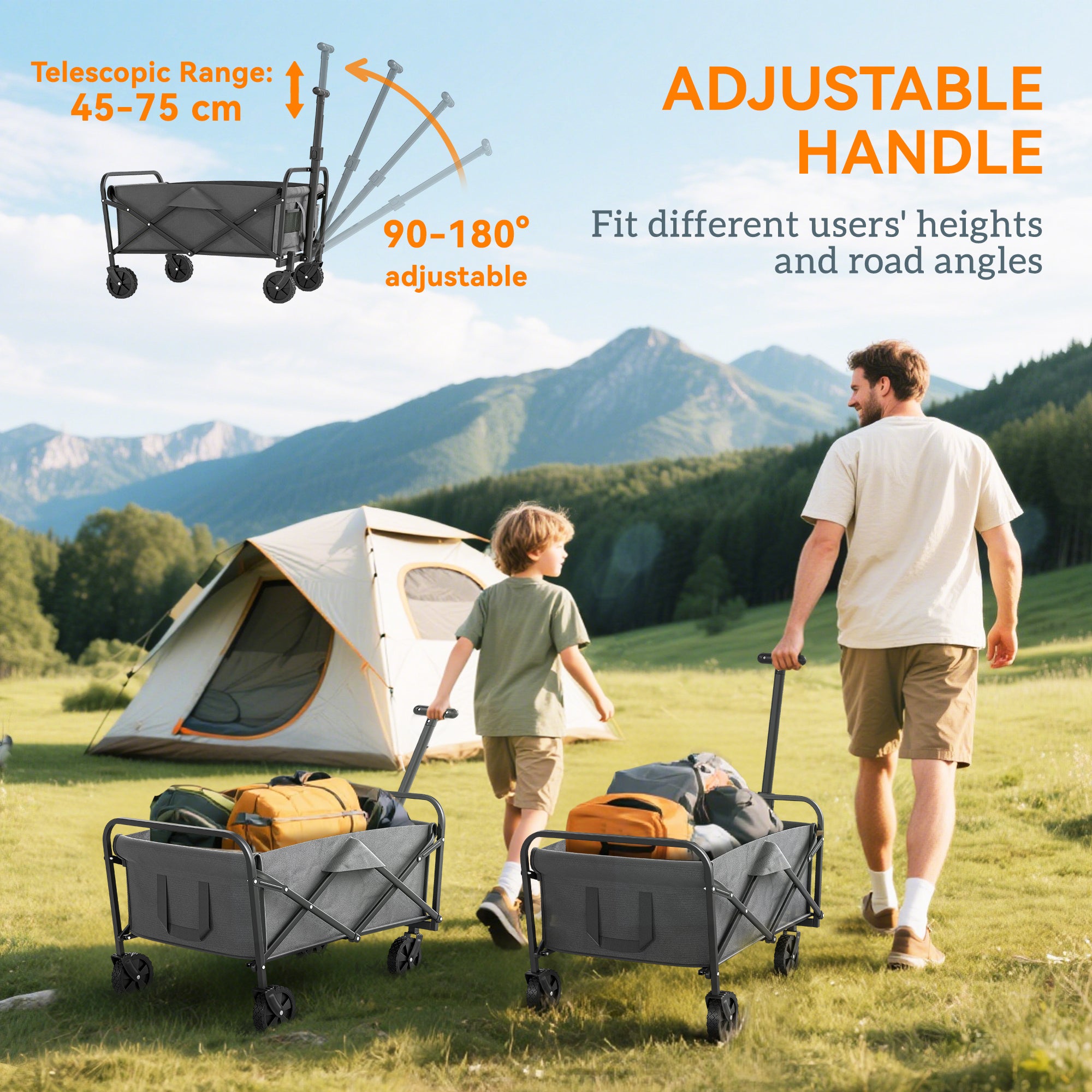 93L Festival Trolley on Wheels, Garden Folding Trolley Cart, 120kg Heavy Duty Collapsible Folding Wagon with Adjustable Handle and Carrying Bag for Beach, Camping, Festival, Grey