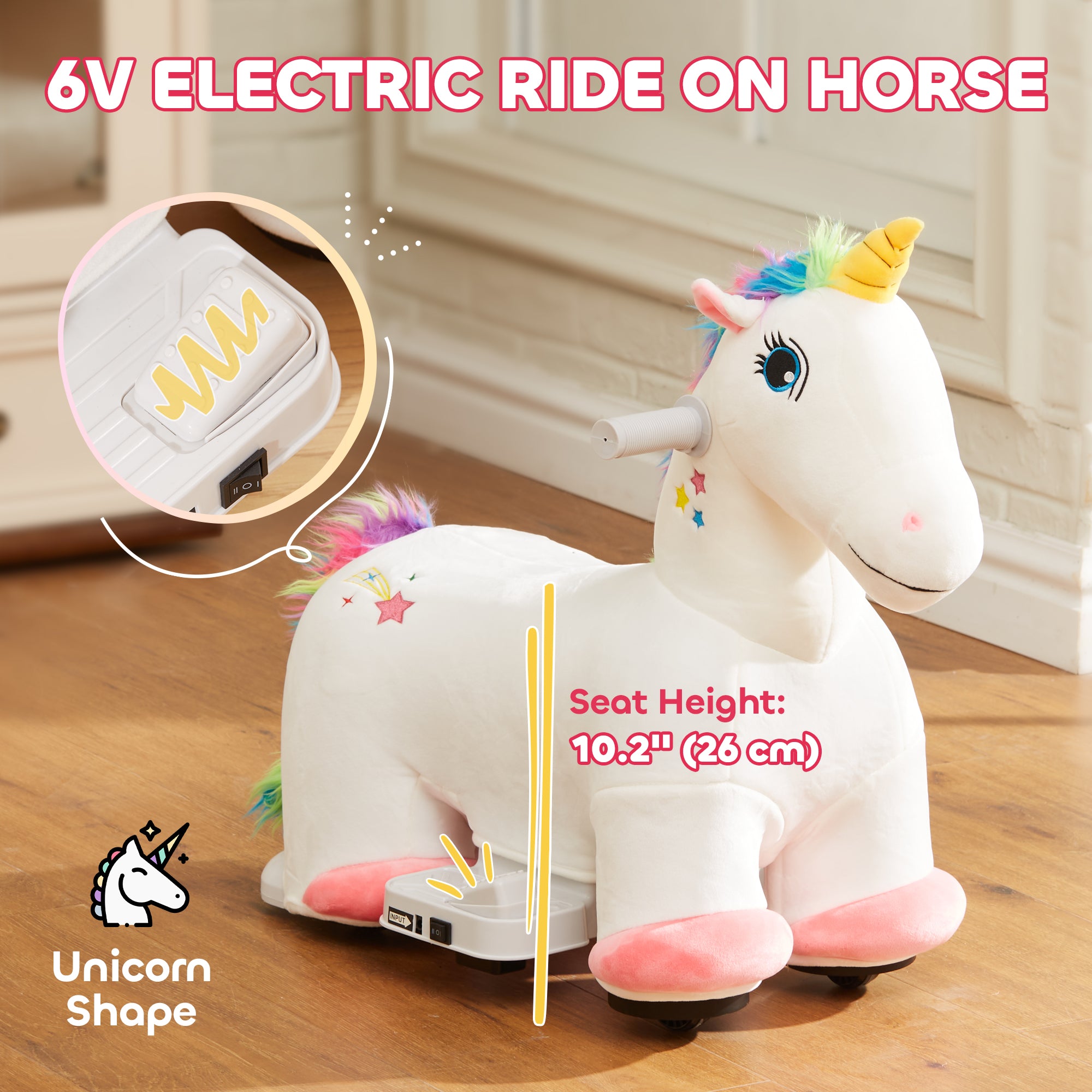 6V Electric Ride on Unicorn, Battery Powered Kids Ride on Animal Toy with Music Forward Control, for 18-36 Months