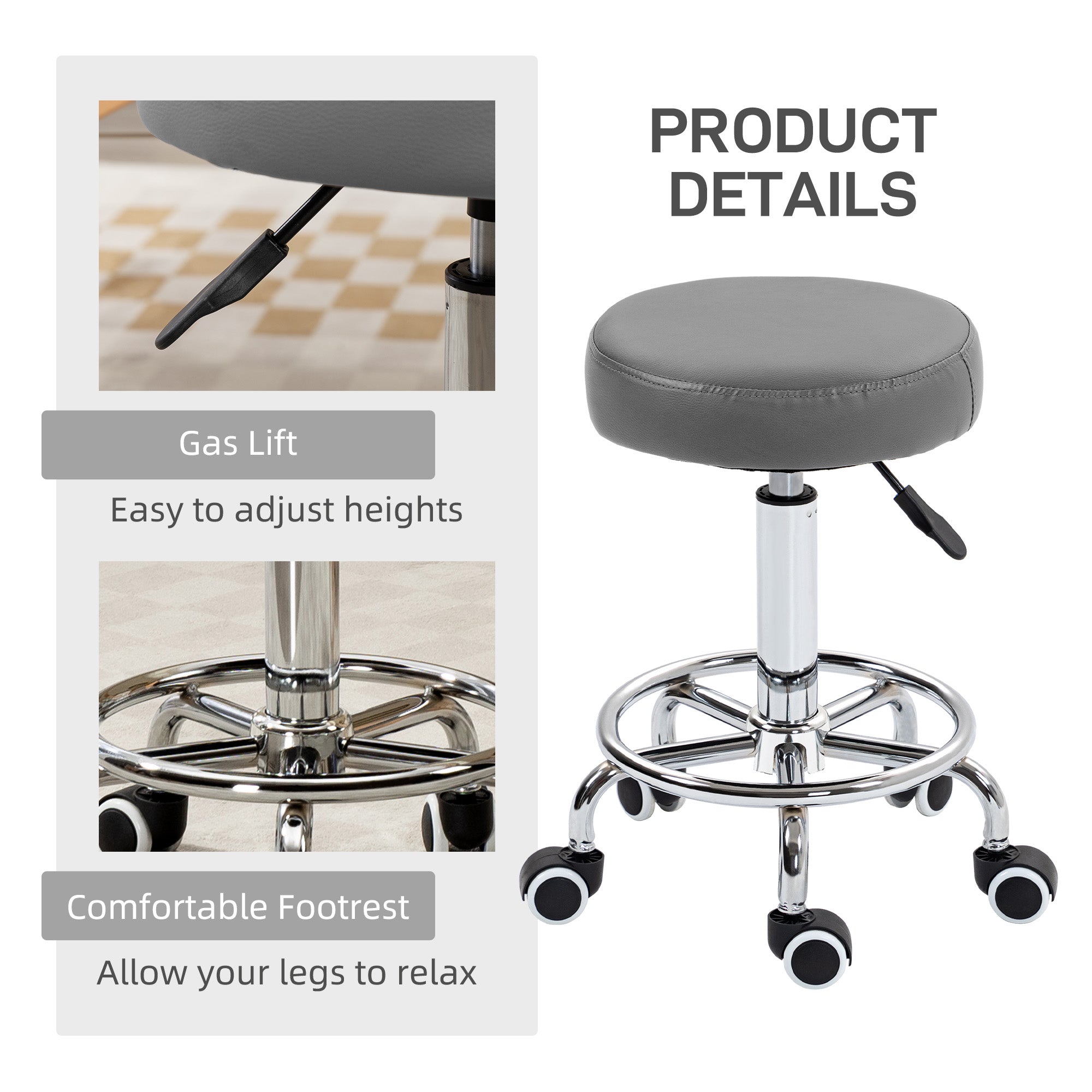 PU Leather Rolling Stool, Height Adjustable Stool Chair with Wheels for Salon, Massage, Spa, Grey