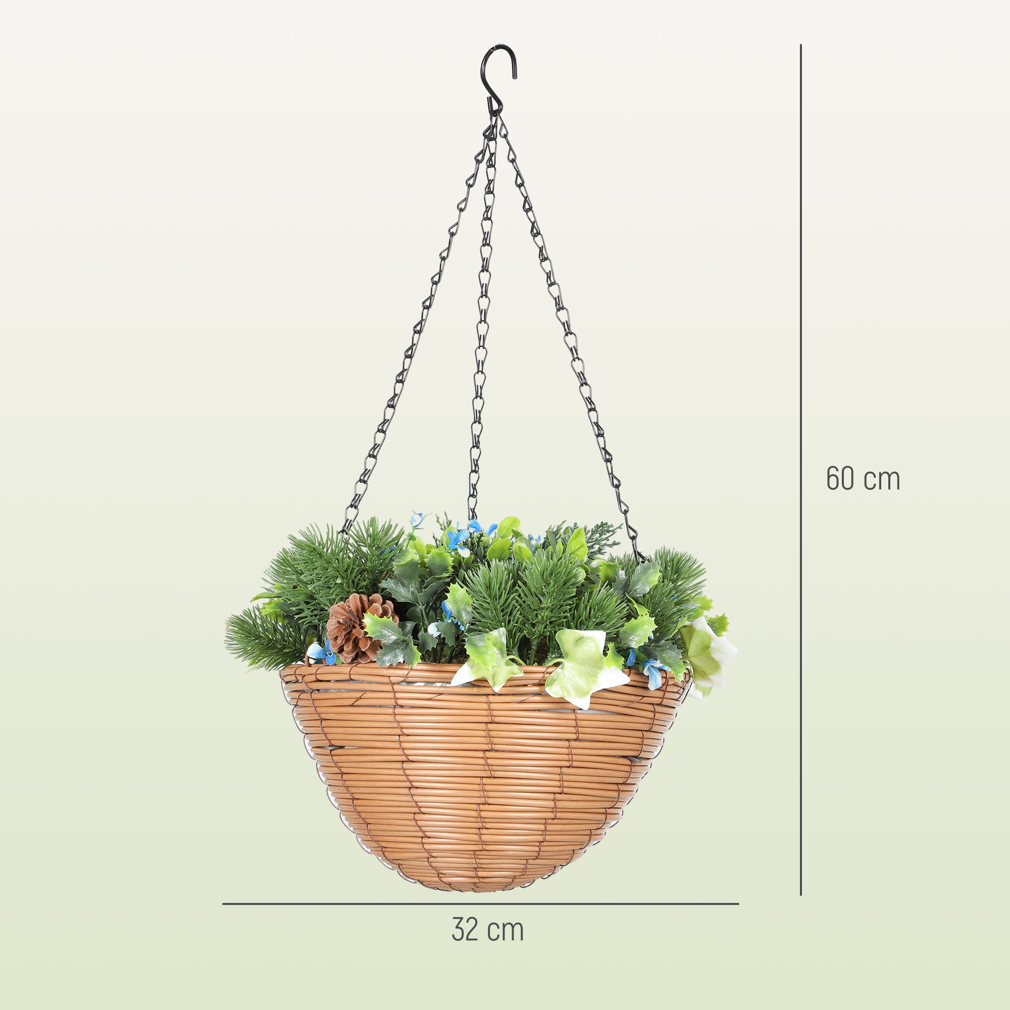 Pack of 2 Faux Plant Artificial Lisianthus Flowers, Hanging Planters with Basket, PE Leaves, 18 Flowers and 3 Pinecones, Decorative Faux Plants for Home Office Decor, Green