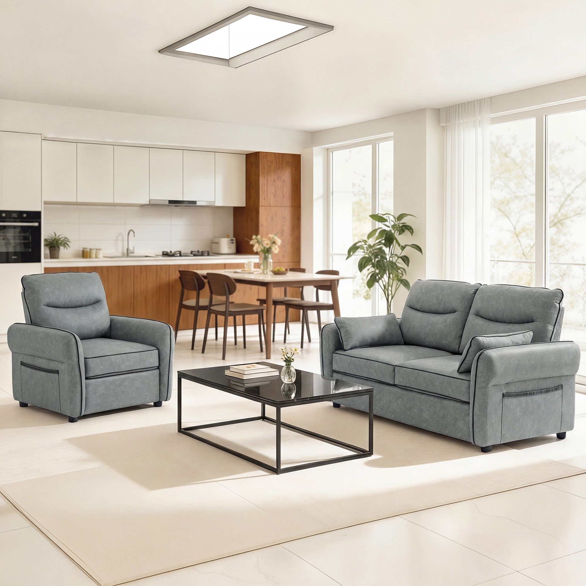 3 Seater Sofa, Faux Leather Couch - Grey