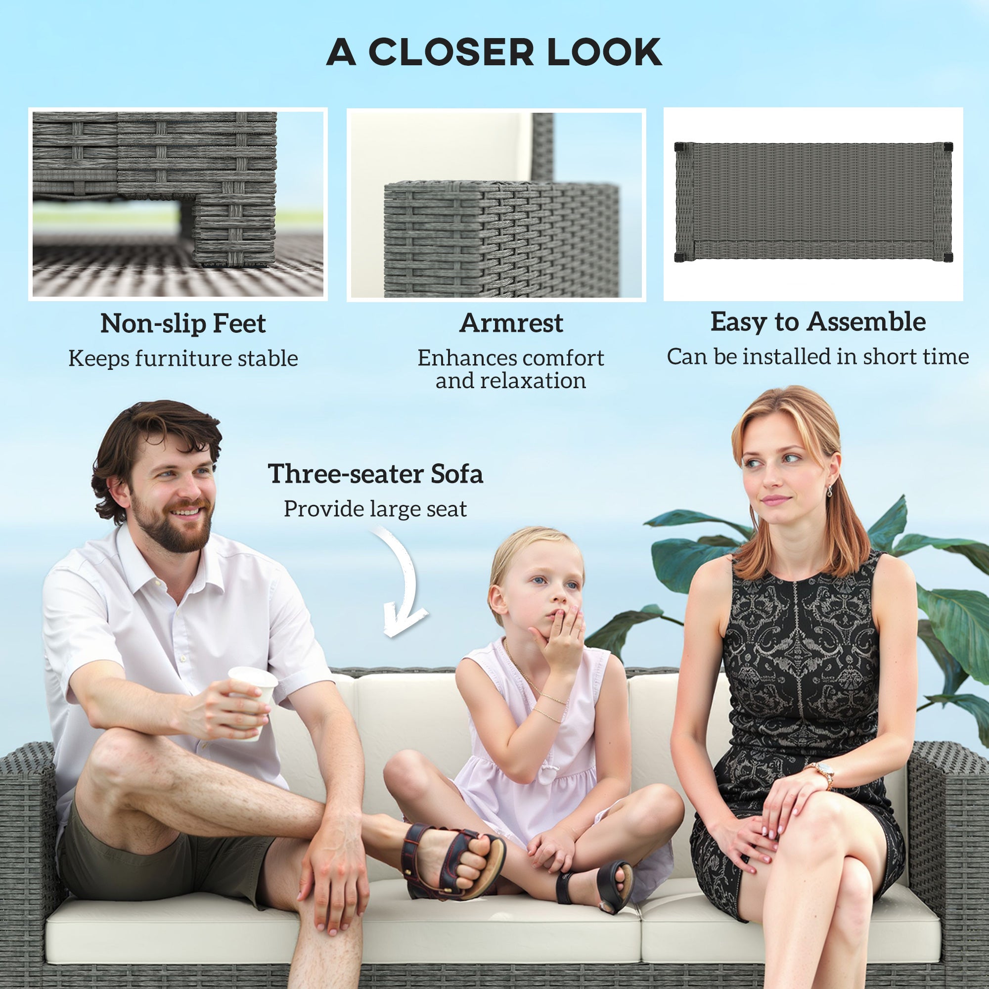 3 Seater Rattan Sofa with Fire Resistant Cushions Cream