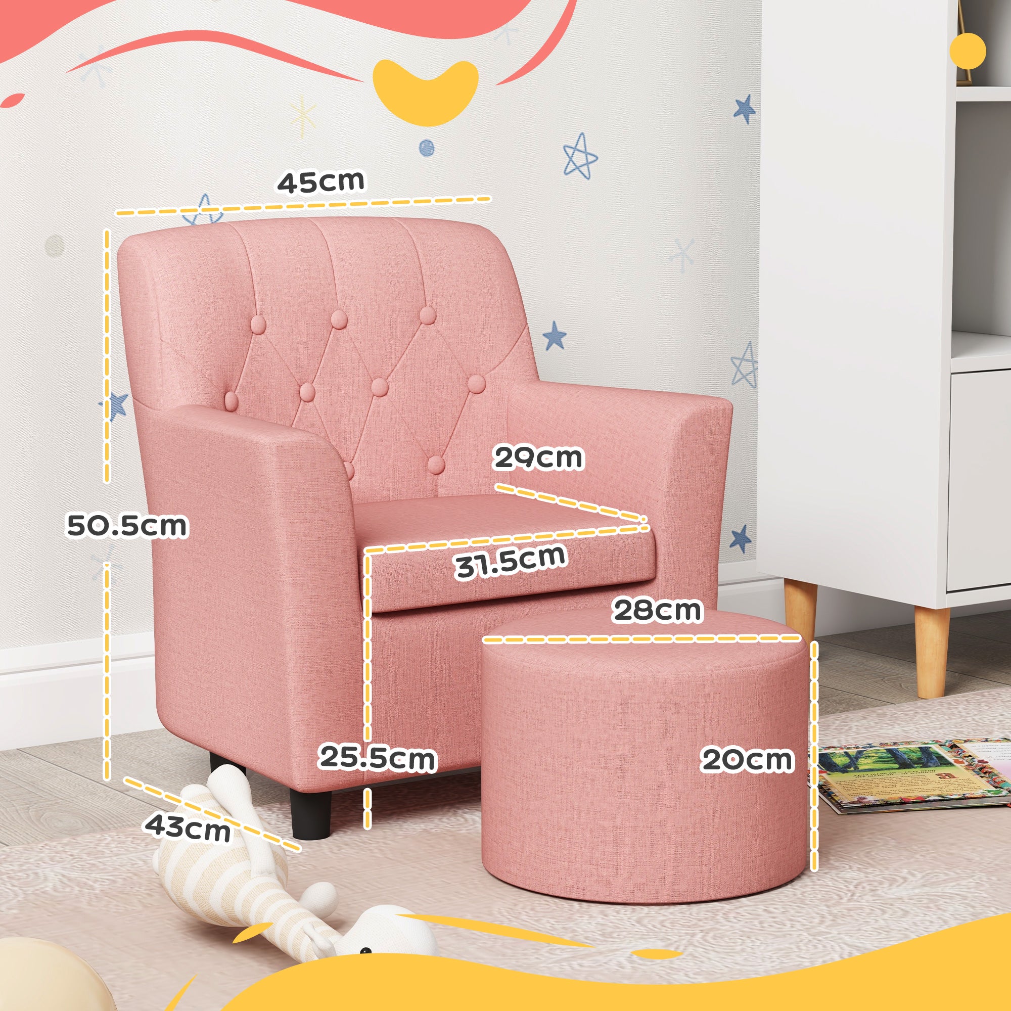 2PCs Kids Sofa Set with Footrest, for Playroom, Bedroom, Pink