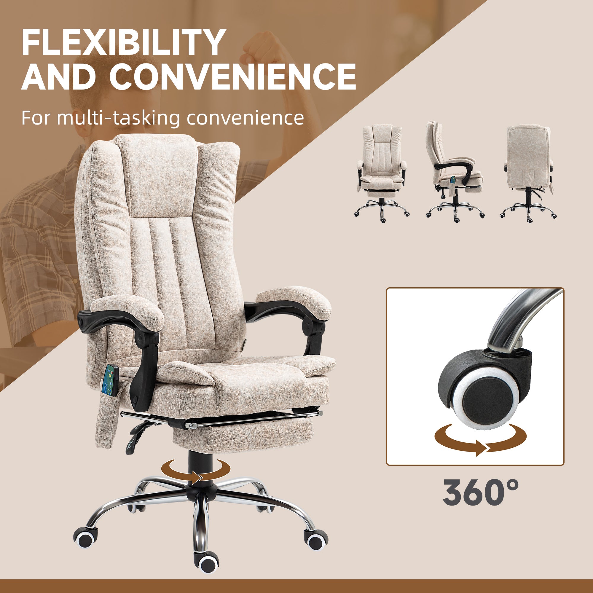 Vibrating Massage Office Chair with Heat, Desk Chair with Height Adjustable and Footrest, Cream White