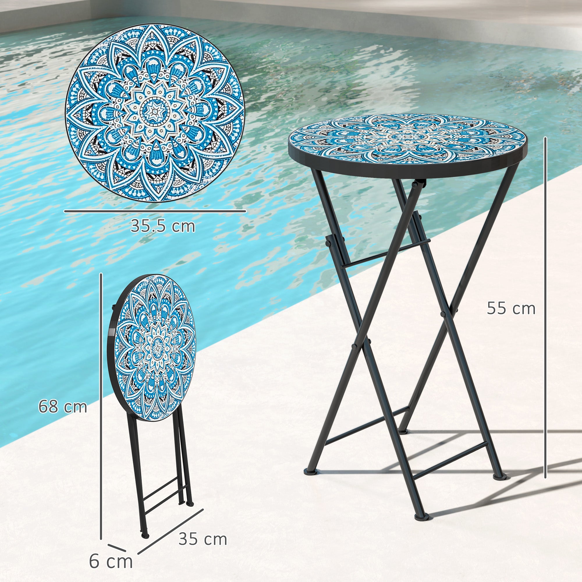 Mosaic Outdoor Garden Table, 35.5cm Round Folding Coffee Table with Metal Frame for Balcony Terrace, Blue