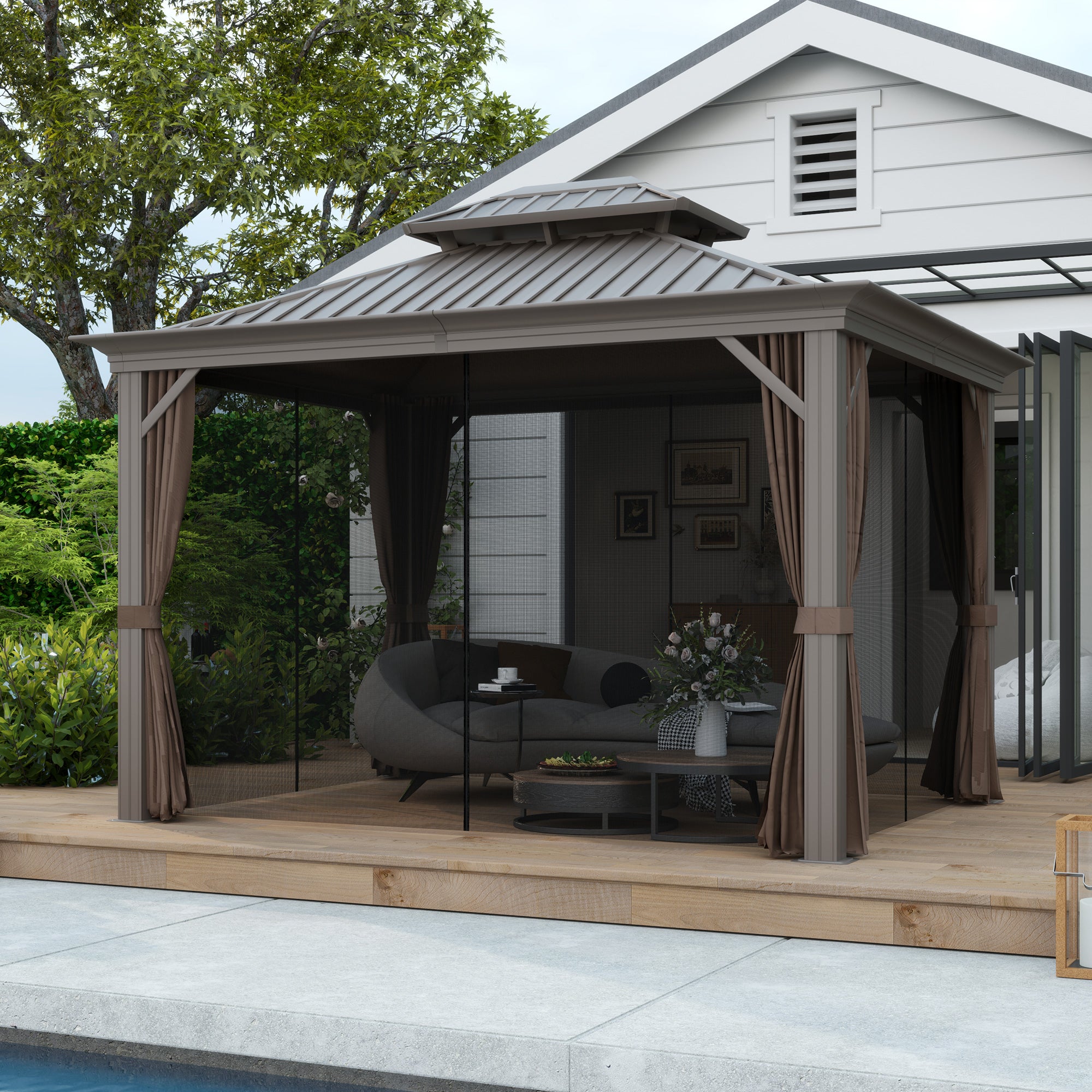 3.65 x 3m Aluminium Hardtop Gazebo, with Accessories - Brown