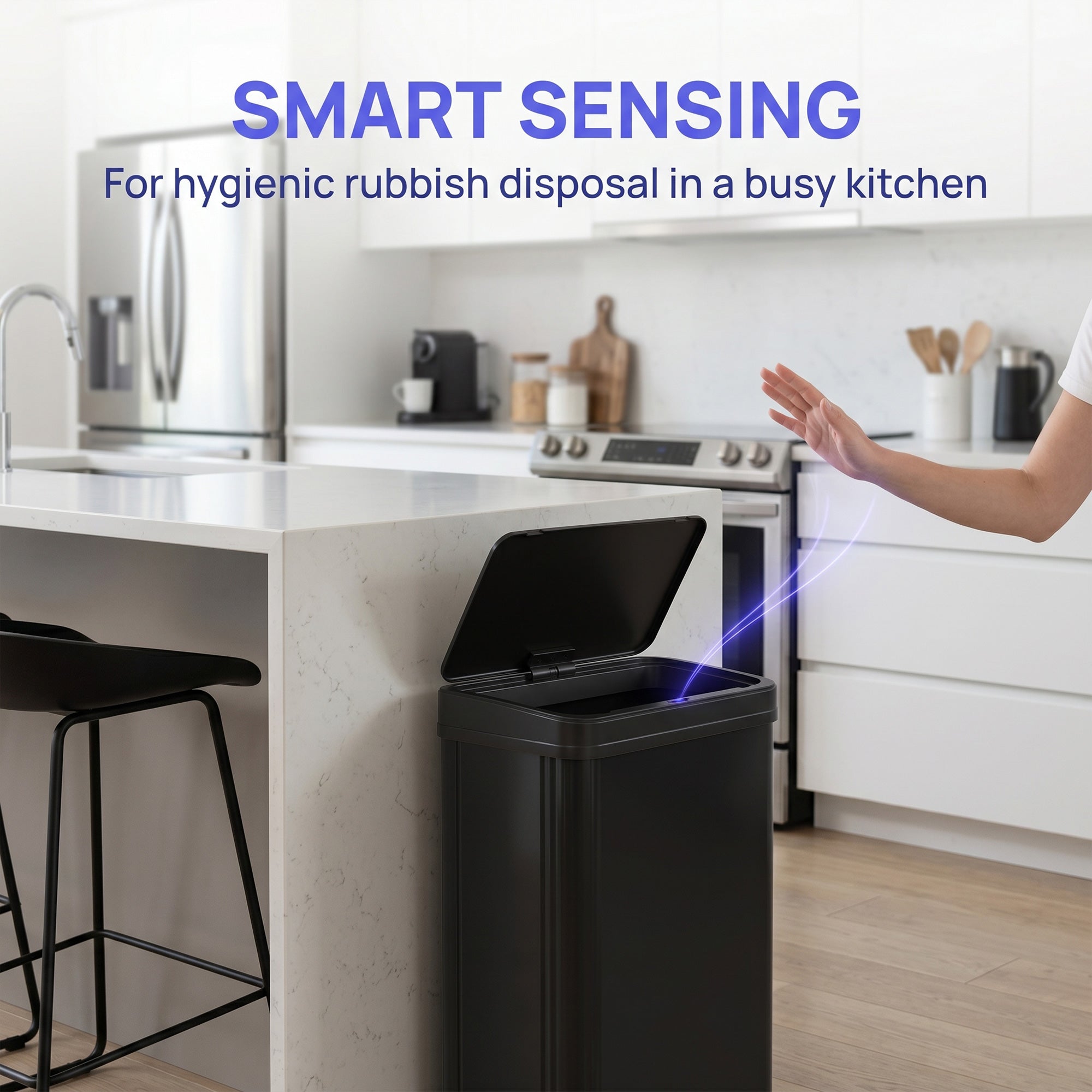 50L Sensor Bin with Soft-Close Lid, Stainless Steel Automatic Touchless Motion Sensor Kitchen Bin, Black