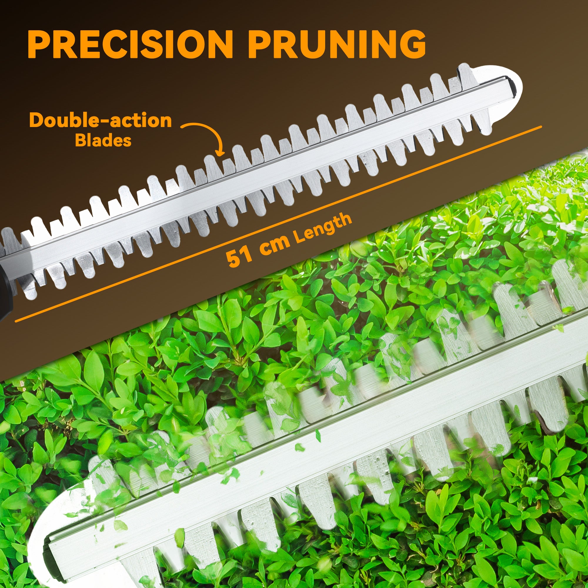 20" Cordless Hedge Trimmer, 18V Electric Hedge Cutter with 51cm Dual Action Blade, 2 x 4000mAh Batteries and Brushless Motor for Garden Branches, Shrubs, Twigs, Orange