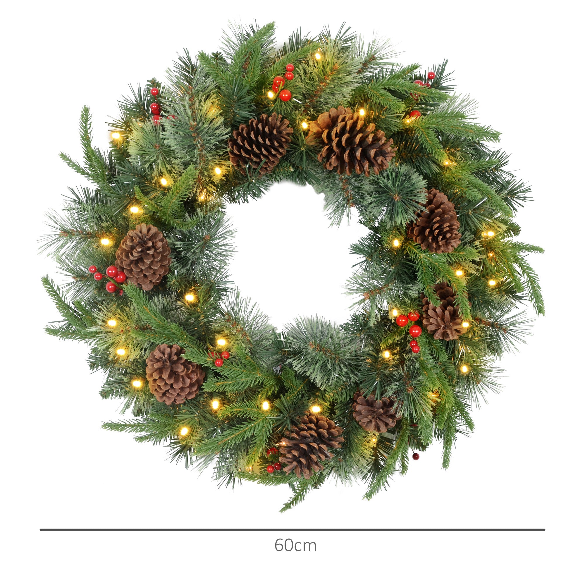 60" Cone and Berry Christmas Wreath, with LED Lights