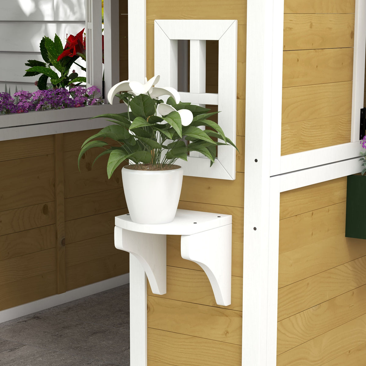 Wooden Playhouse with Doors, Windows, Plant Pots for Kids 3-8 Years - Beige