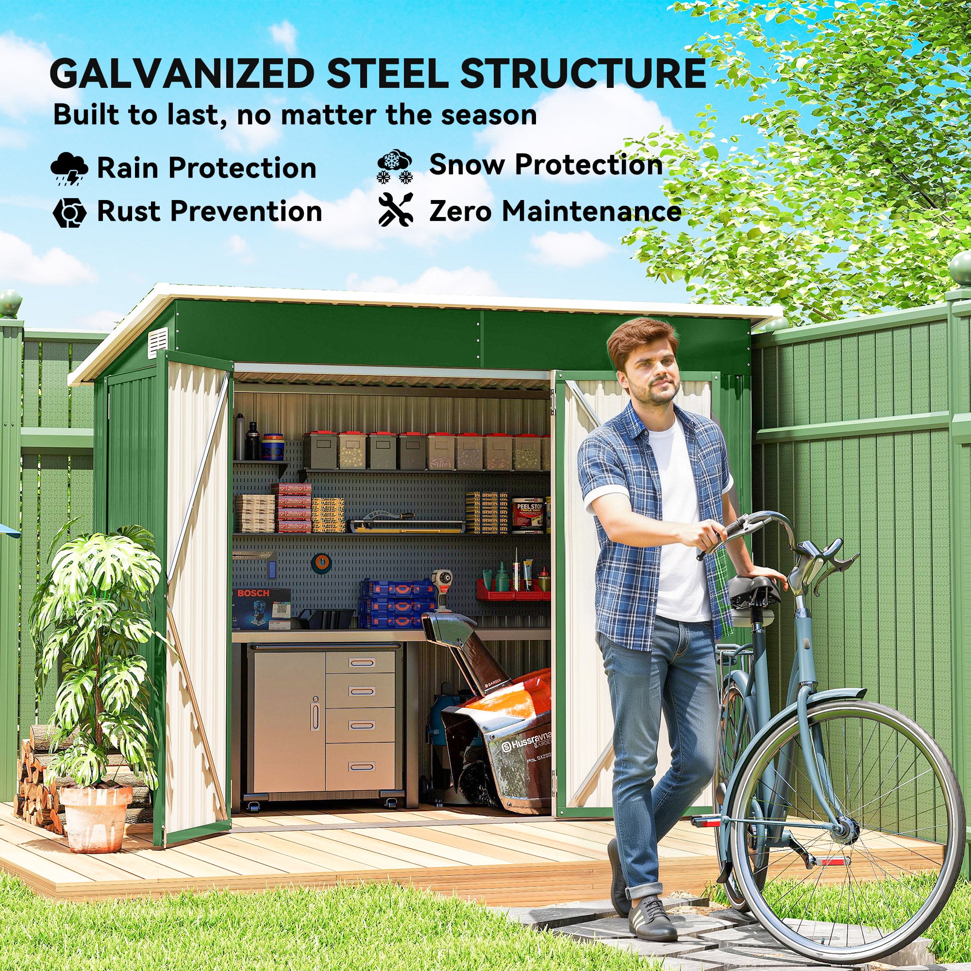7.5 x 4.3ft Metal Garden Storage Shed, Waterproof Outdoor Shed with Triple Lockable Door, Gloves, Vents, Green