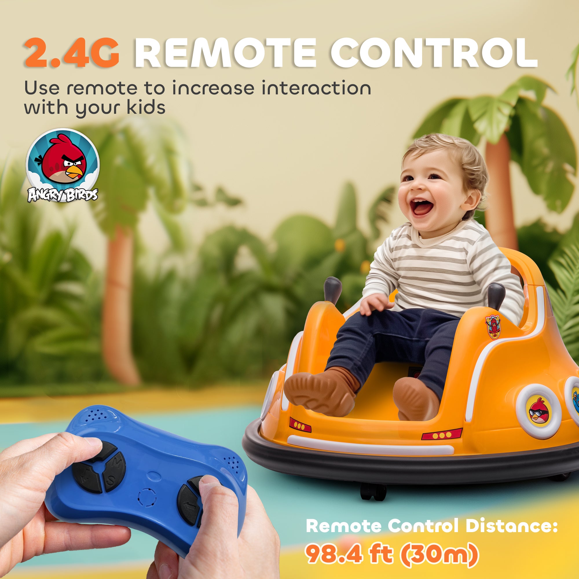 Angry Bird Licensed Waltzer Car, 12V Kids Bumper Car w/ Joysticks, Remote, Music LED Lights - Orange