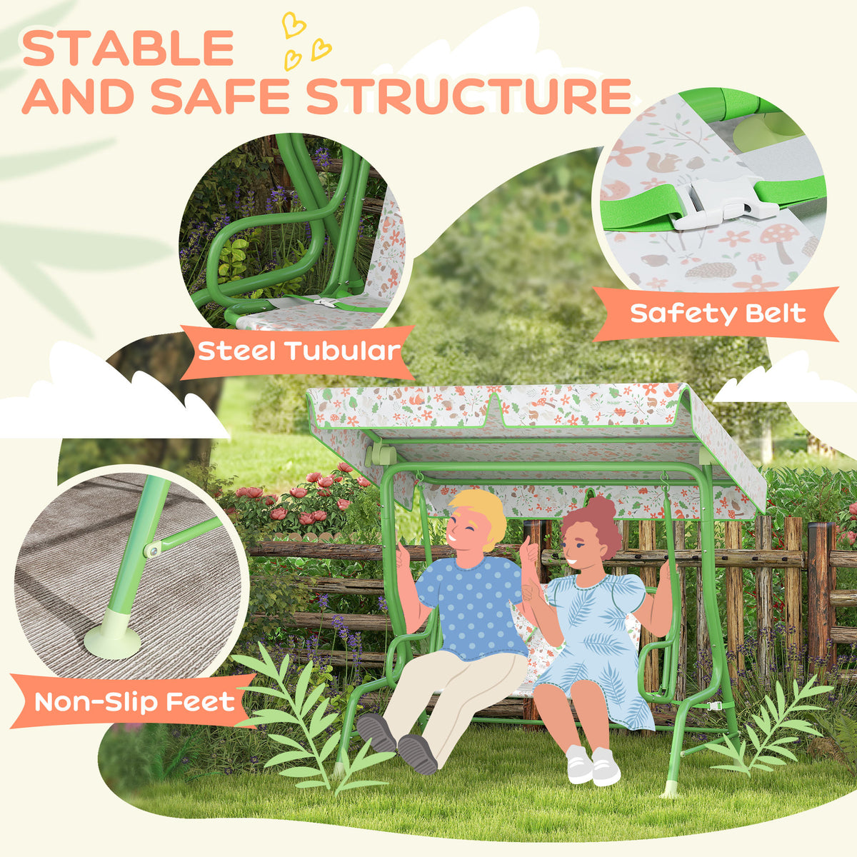 2 Seater Kids Garden Swing Bench with Adjustable Canopy - Green