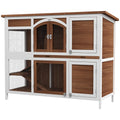 Two-Tier Wooden Pet Hutch with Openable Roof and Slide-Out Tray - Brown Black White