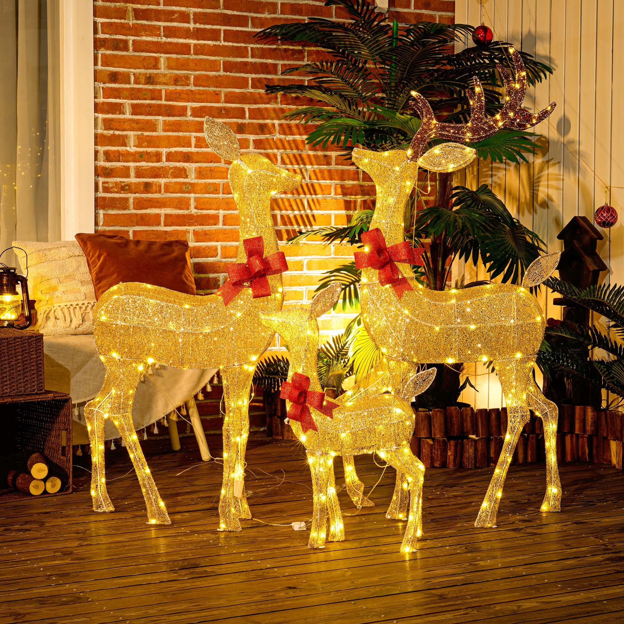 Lighted Reindeer Christmas Decorations Outdoor, 3-Piece Light Up Deer Family Set of 3 with 283 LED Lights for Indoor, Lawn, Garden, Gold Tone