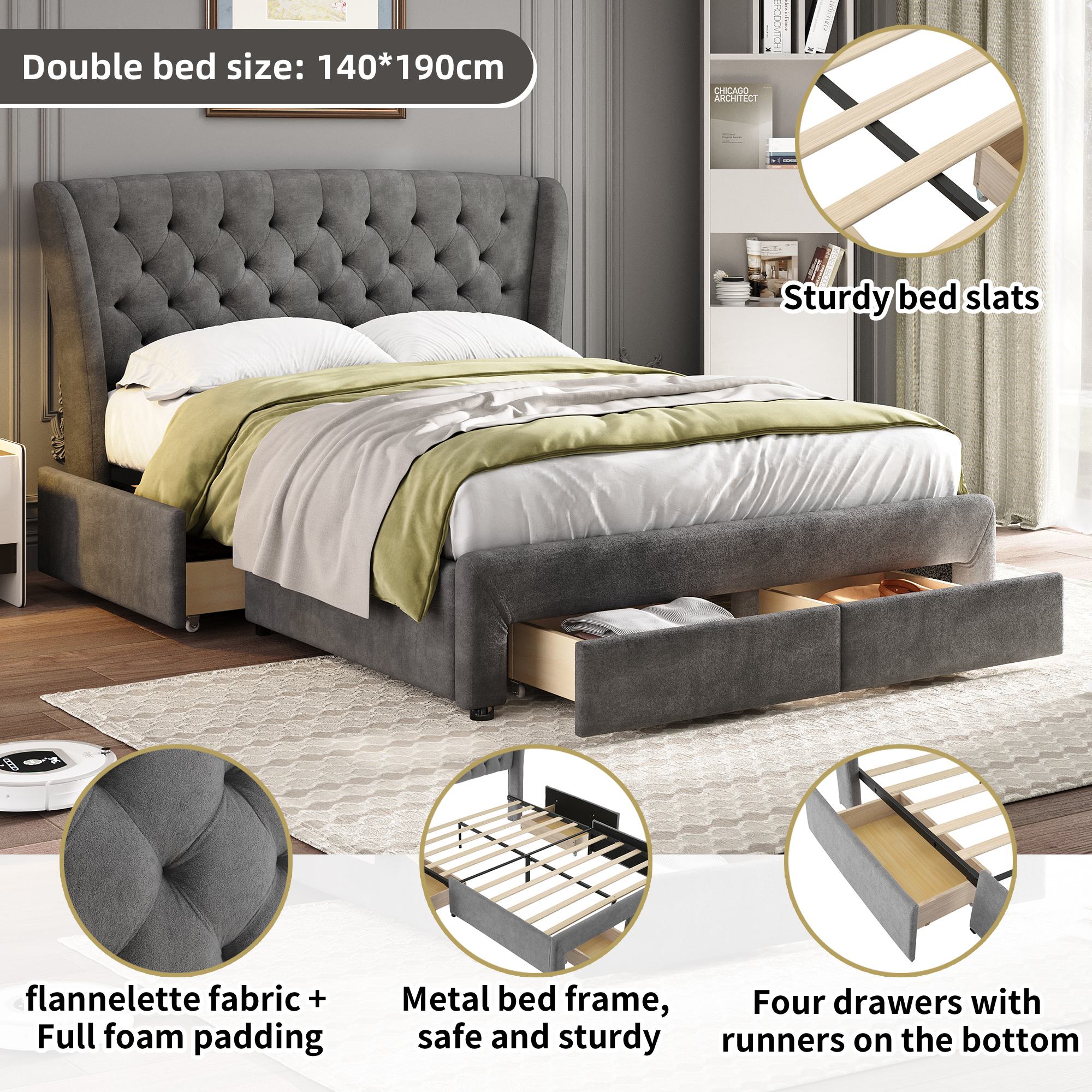 Upholstered Storage Bed with 4 Drawers and Soft Backrest - Gray