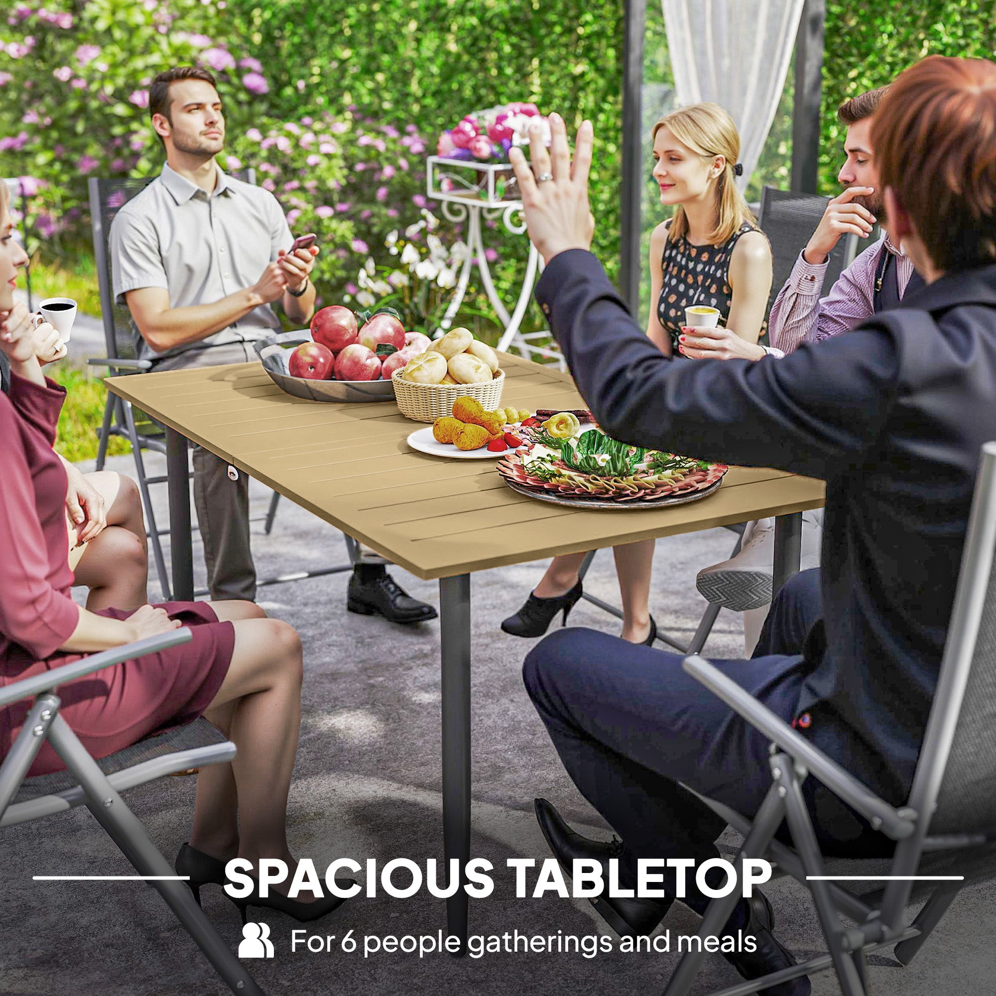 6 Seater Garden Dining Table with Parasol Hole 150x90 cm - Brown Steel Frame