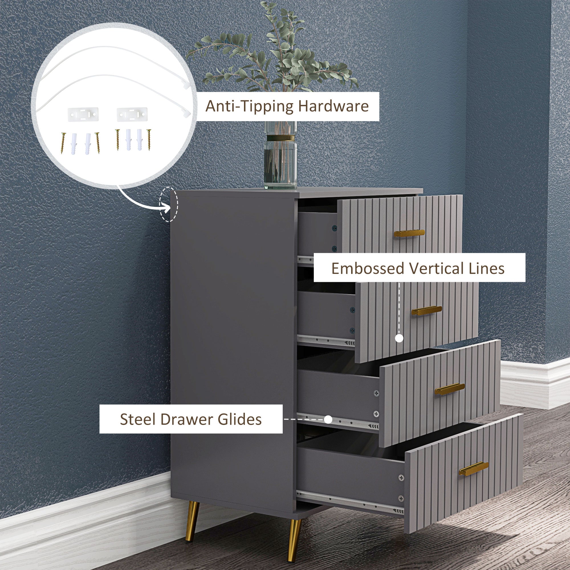 Four Drawer Embossed Line Dresser - Grey/Gold Tone