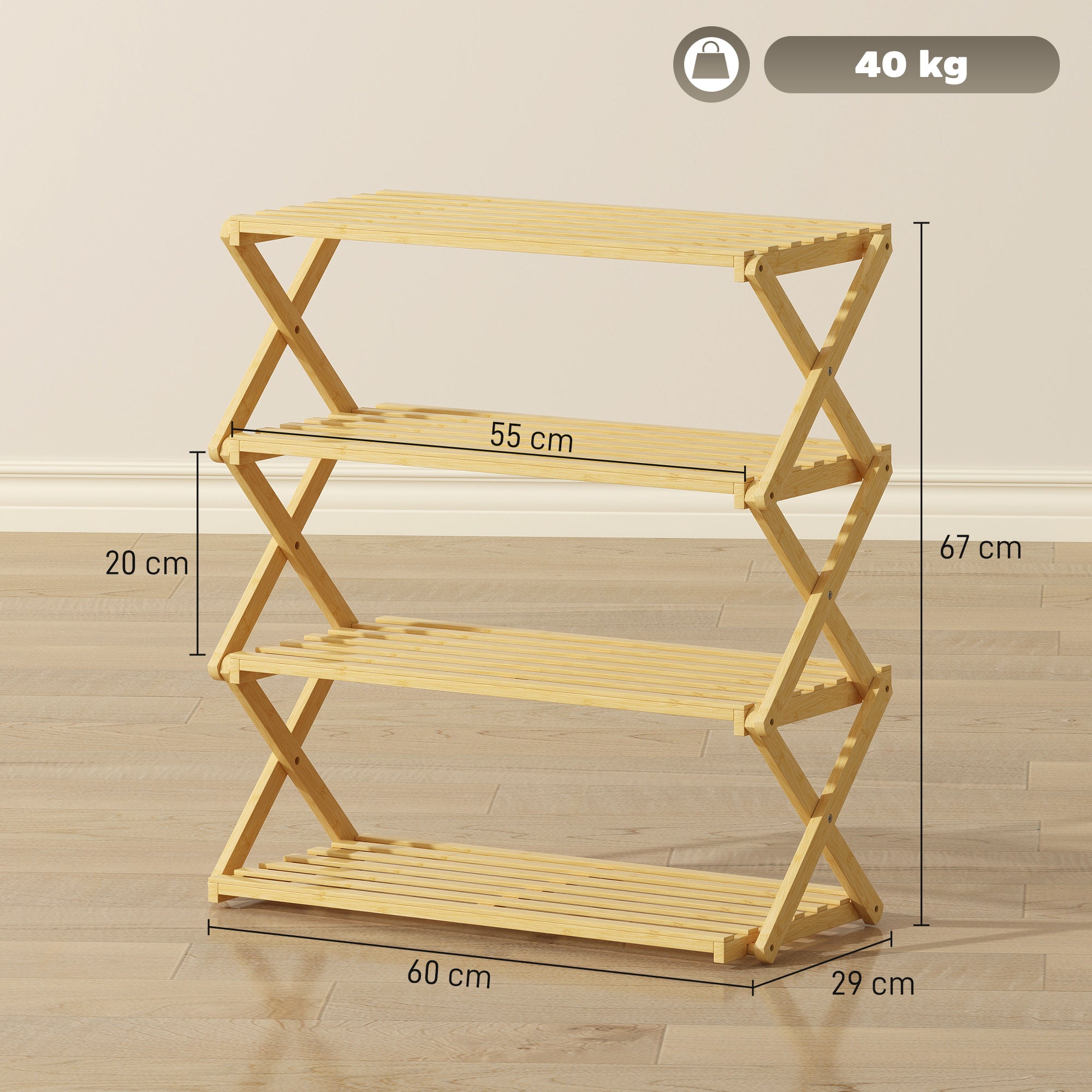 Four-Tier Folding Bamboo Shoe Rack - Natural Finish