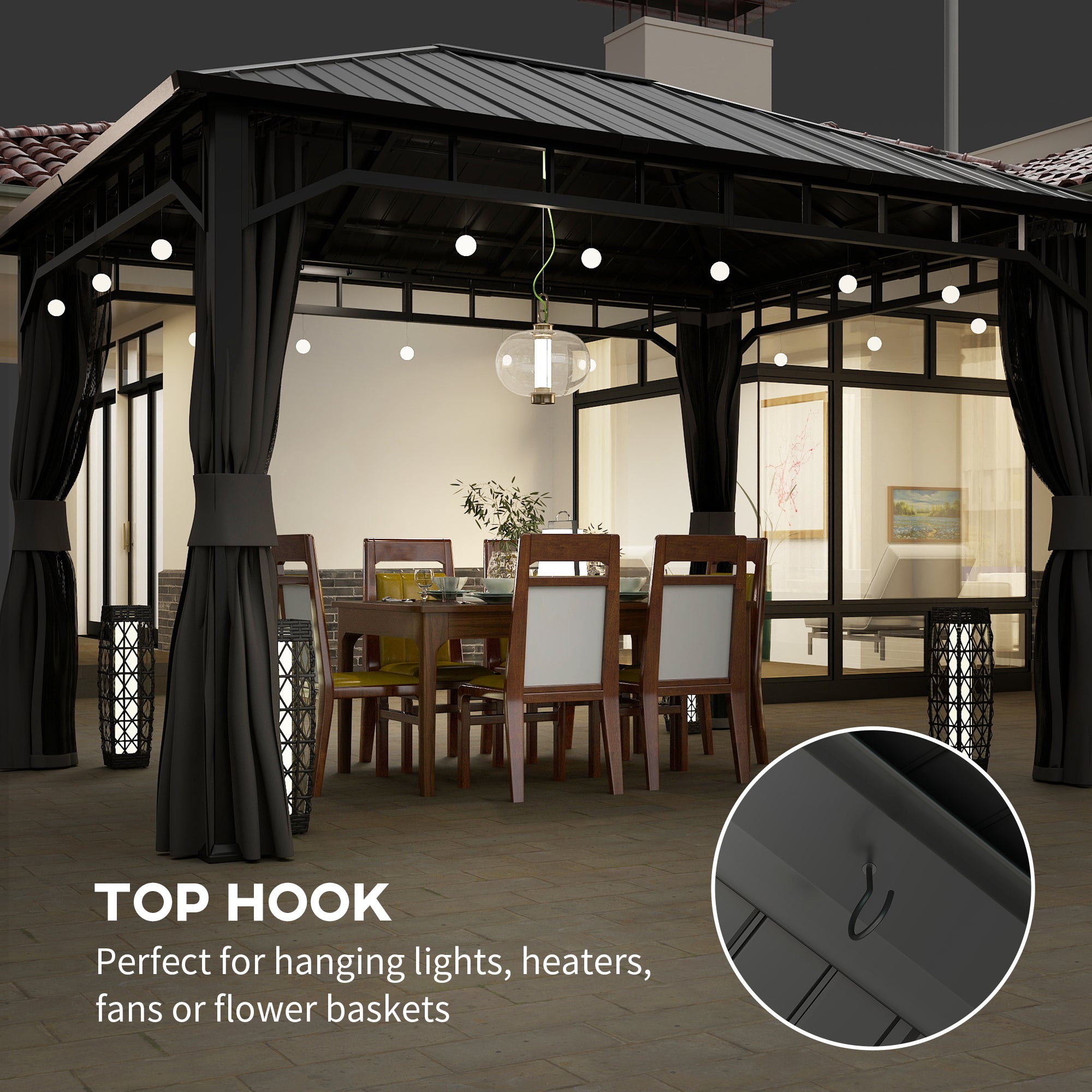3 x 4m Hardtop Garden Gazebo with Galvanised Steel Roof, Water Gutter, Netting & Curtains - Dark Grey