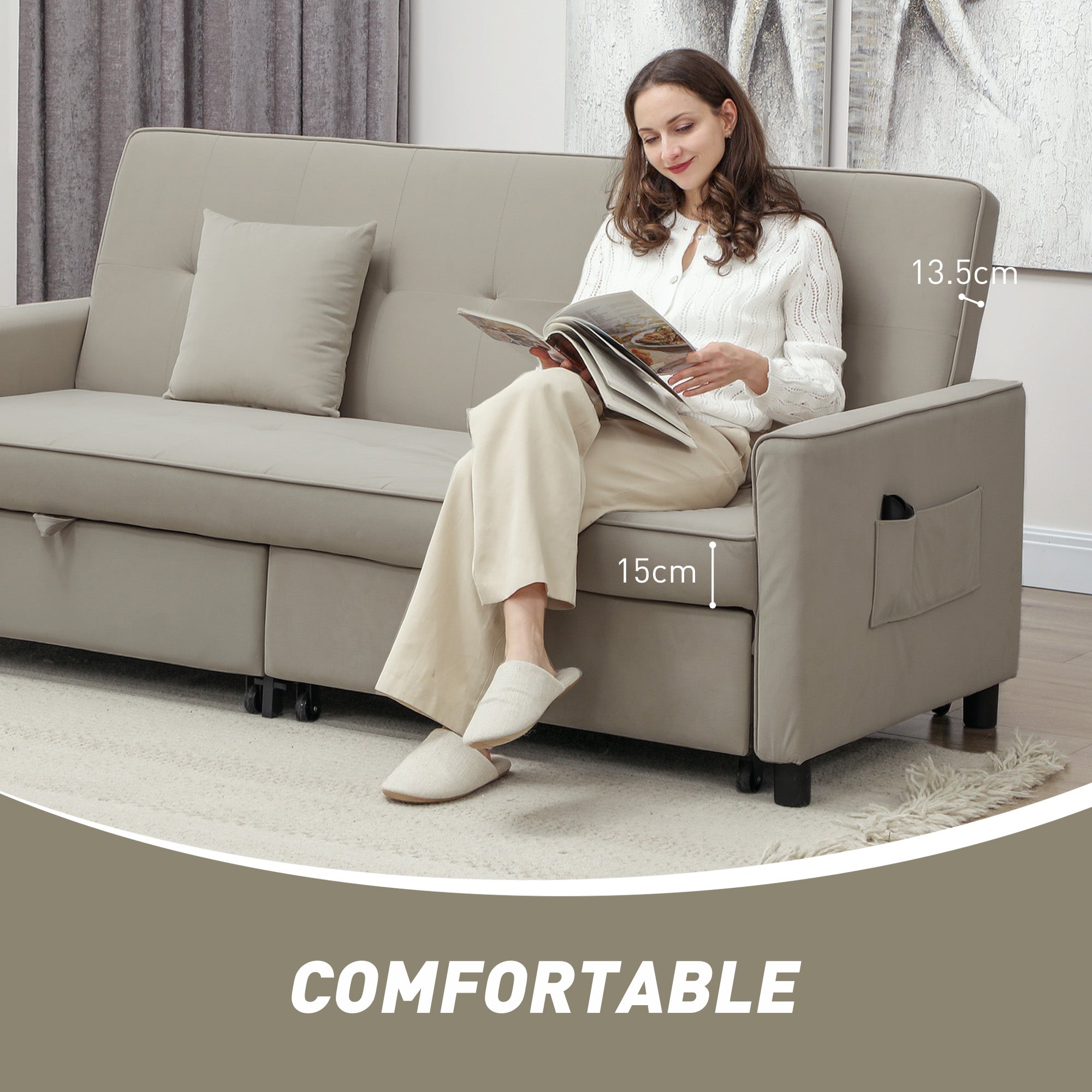 Three-Person Velvet-Feel Sofa Bed with Adjustable Backrest - Beige