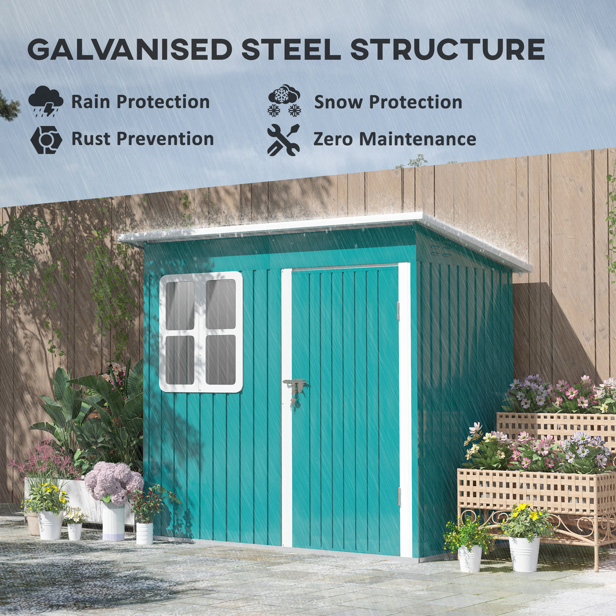7 x 4ft Galvanised Steel Garden Shed with Lock and Window - Green
