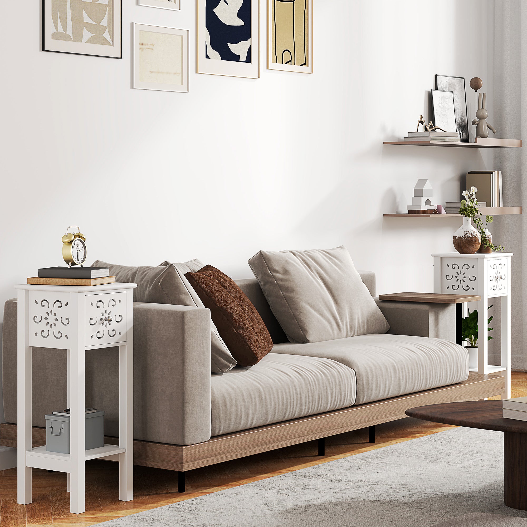 Set of Two Elegant Floral Cut-Out Side Tables - White