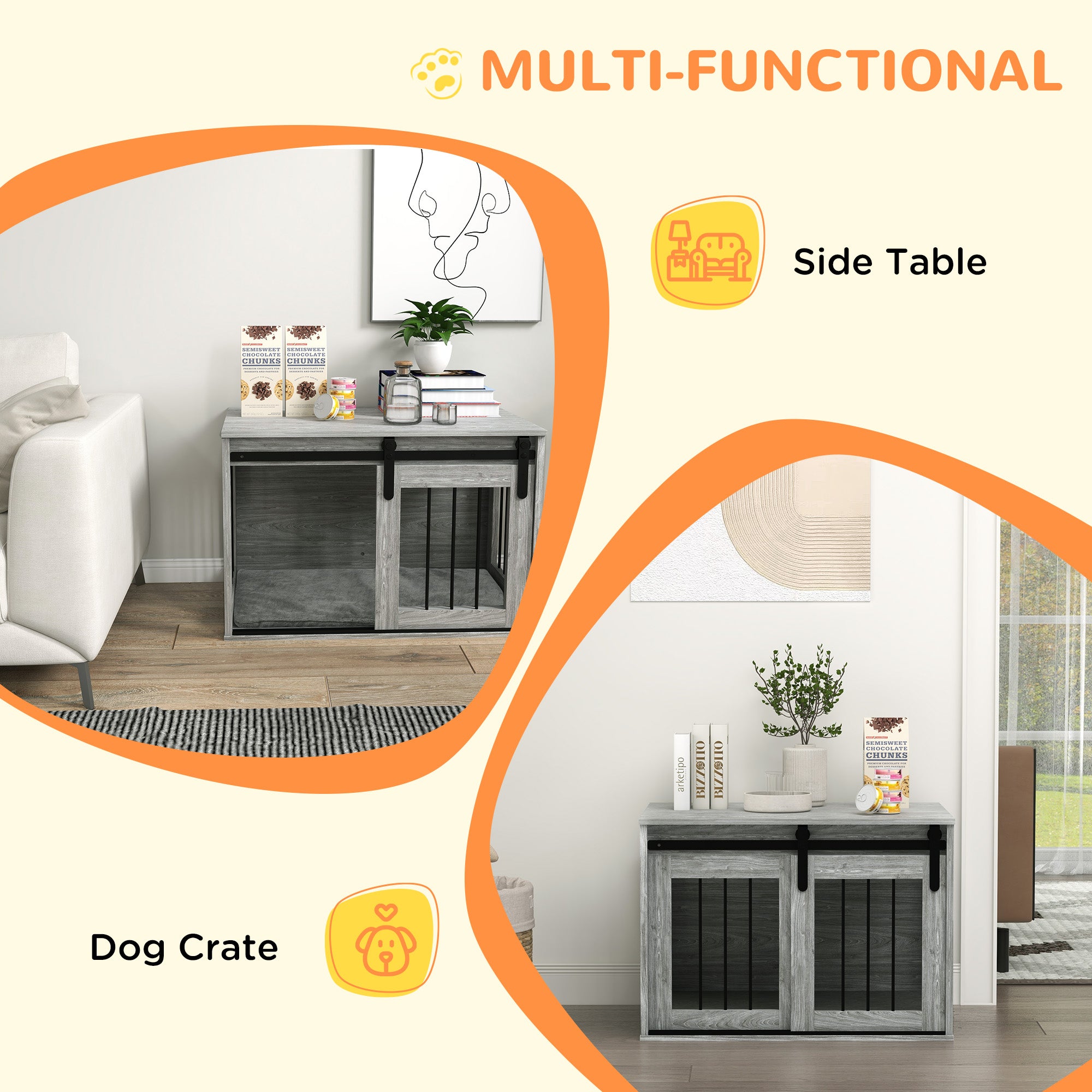 80cm Dog Crate Furniture with Removable Cushion for Large Dogs- Grey