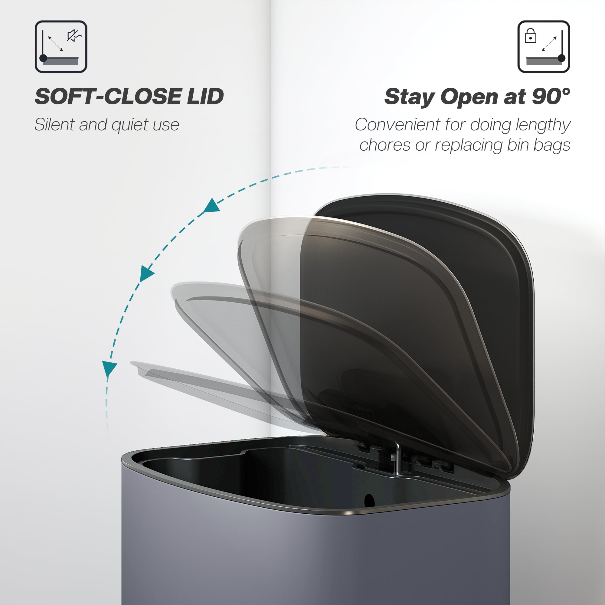 50L Kitchen Bin with Soft-Close Lid and Stay-Open Function, Stainless Steel Pedal Bin with Removable Inner Bucket, Carry Handle for Kitchen, Office, Home, Grey
