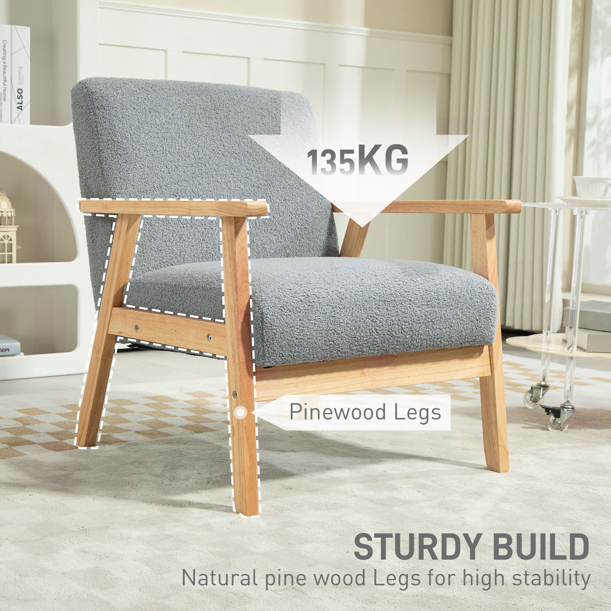 Wide Seat Accent Chair with Wood Frame and Thick Cashmere Cushions - Grey