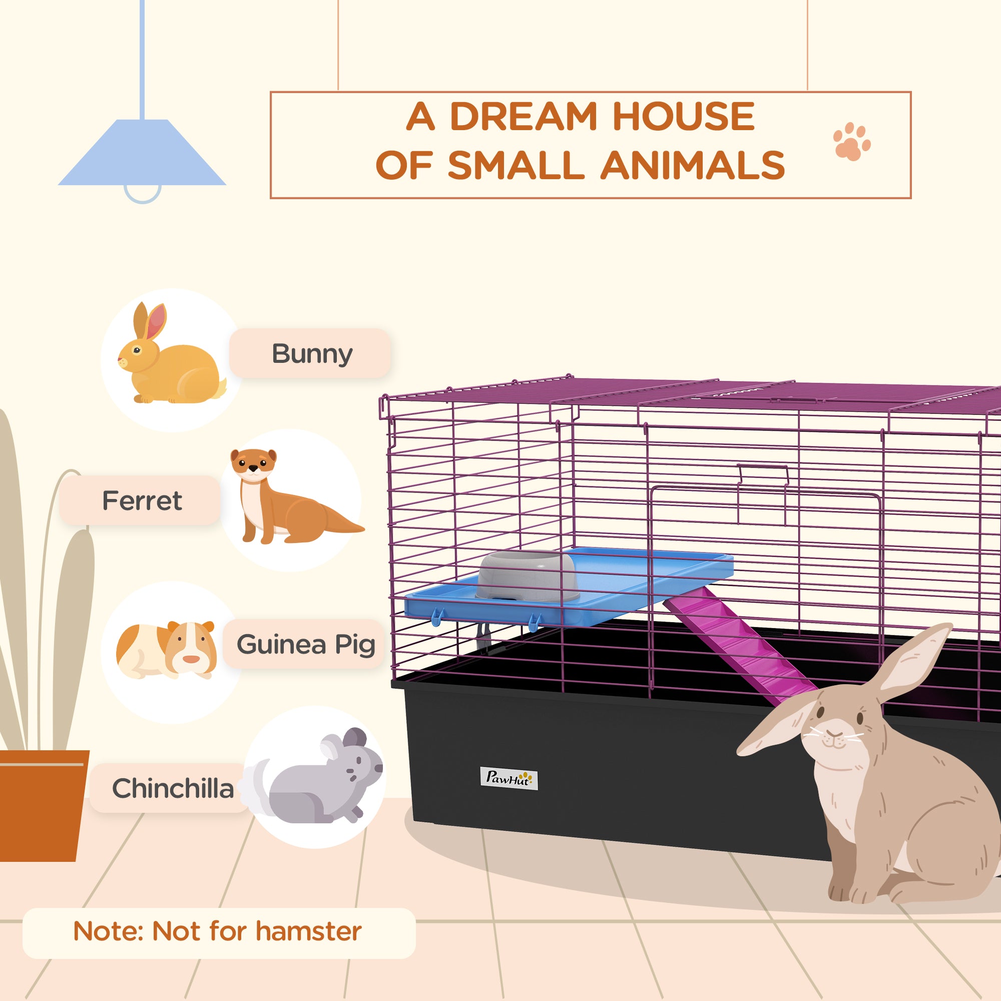 Chinchillas Small Rabbit Guinea Pig Small Animal Cage, Pet Playhouse, with Platform, Ramp, 99 x 52 x 53cm, Black