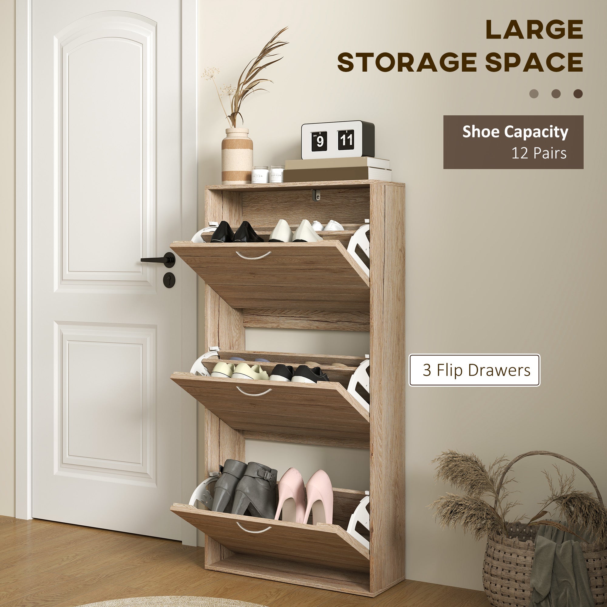 12-Shoe Flip Drawer Storage Cabinet with Adjustable Shelves - Brown Wood-Effect